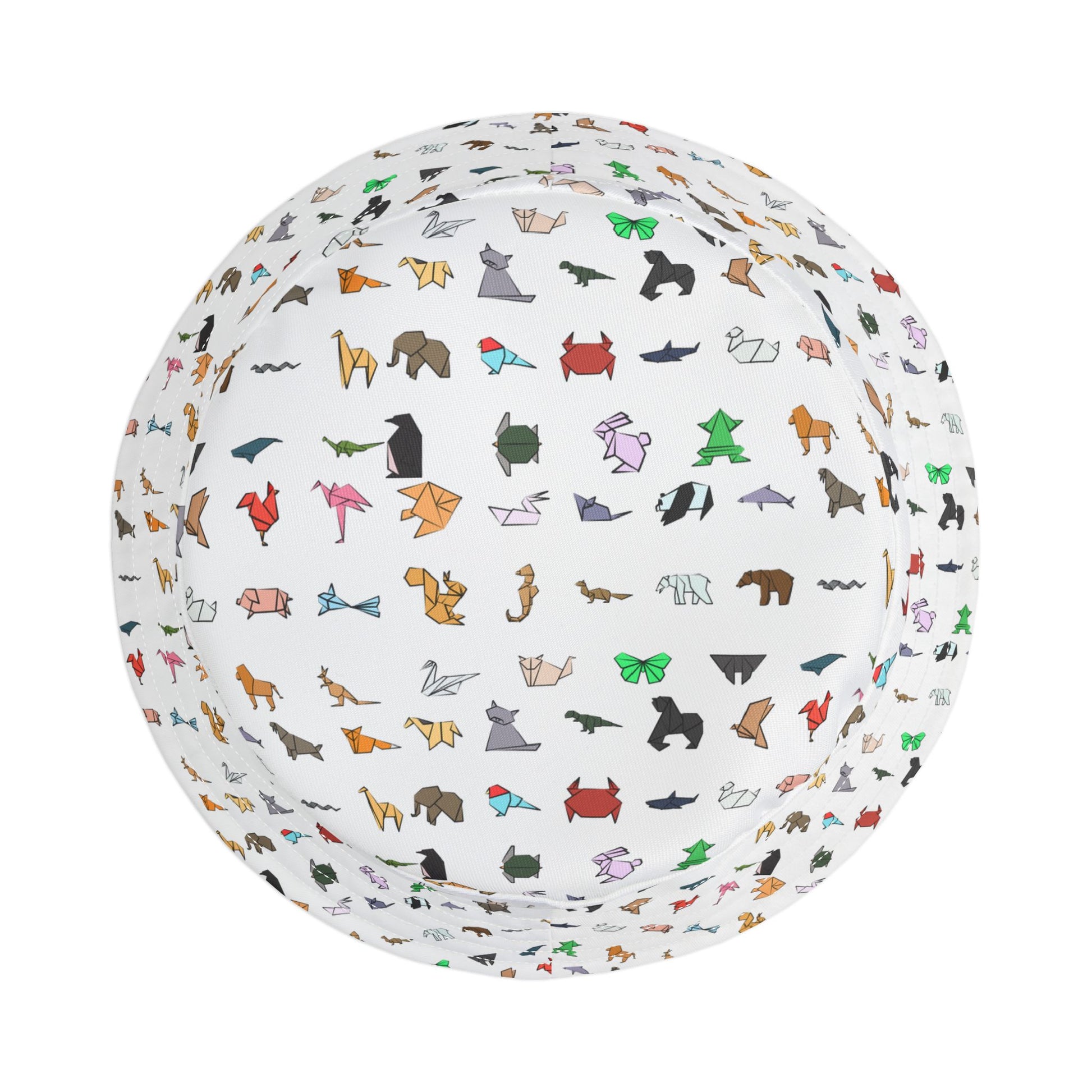 Top view of patterned bucket hat showing colorful origami animal print