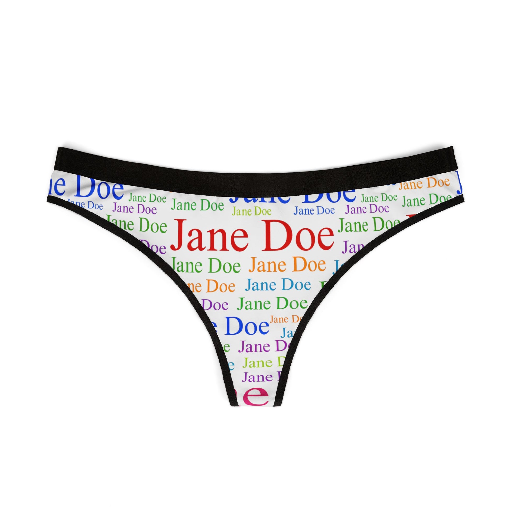 Front view of Jane Doe Women’s Thongs – White Edition with multicolor text print