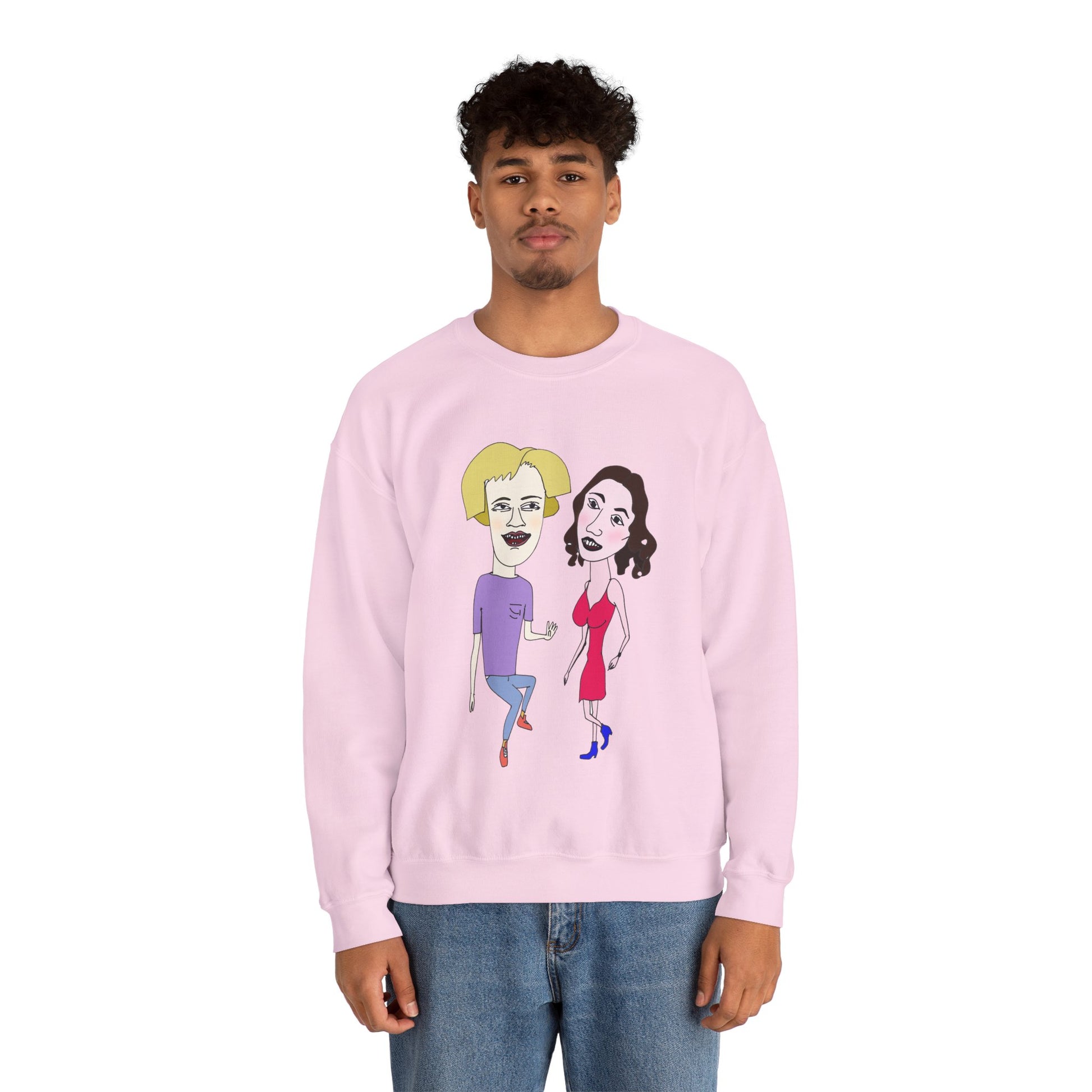 Man in pink Lily and Matthew couple sweatshirt, front view.