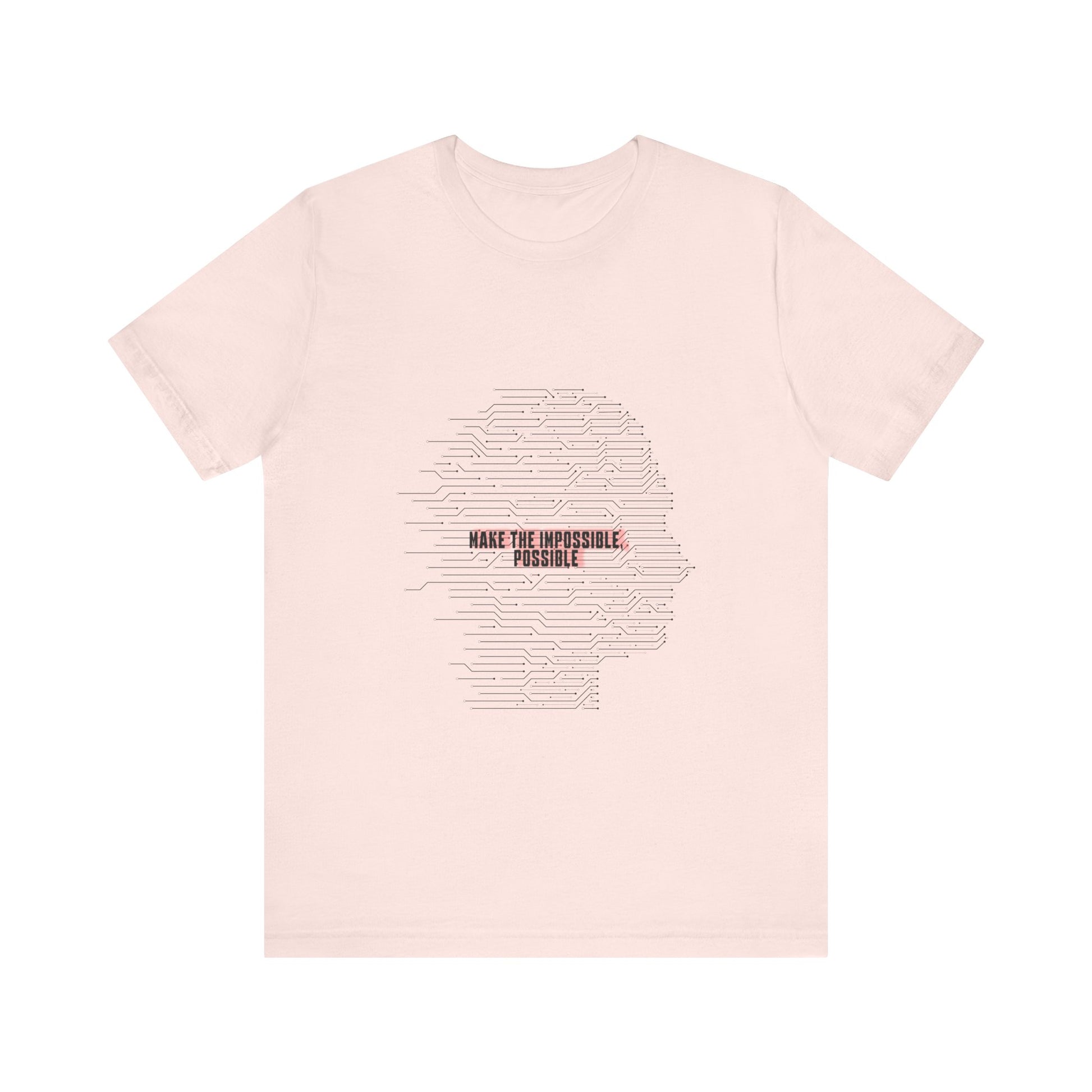 Pink t-shirt with a graphic of a head and text 'Make the Impossible Possible' on a white background