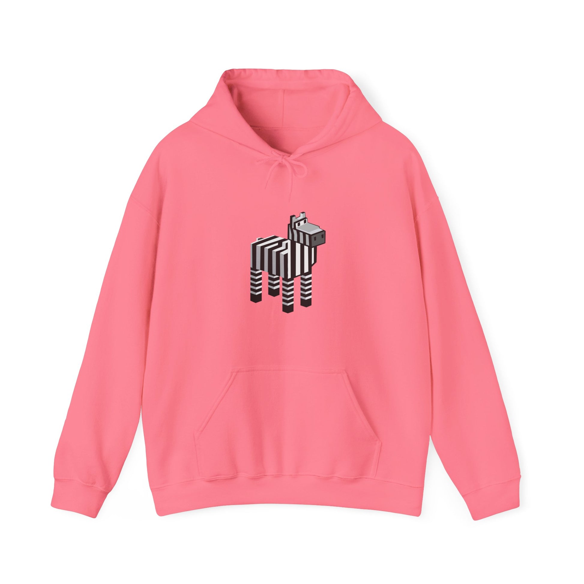Arcade Zebra Hooded Sweatshirt – Retro Gaming Pixel Hoodie in pink front view