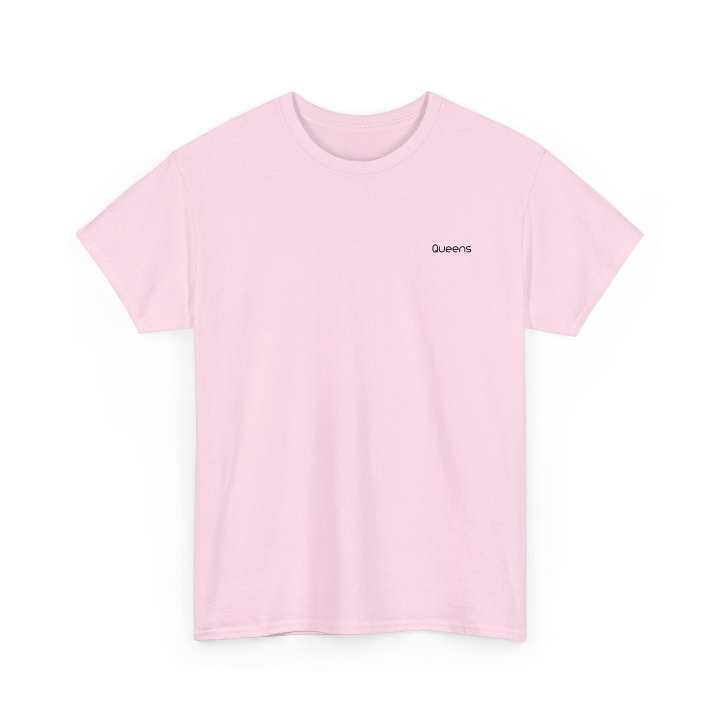 Flat lay of pastel pink Queens T-Shirt with Queens text on chest