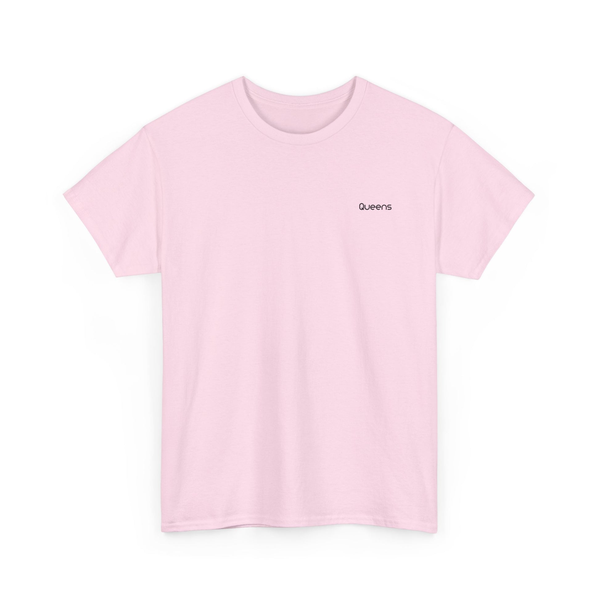 Flat lay of pastel pink Queens T-Shirt with Queens text on chest