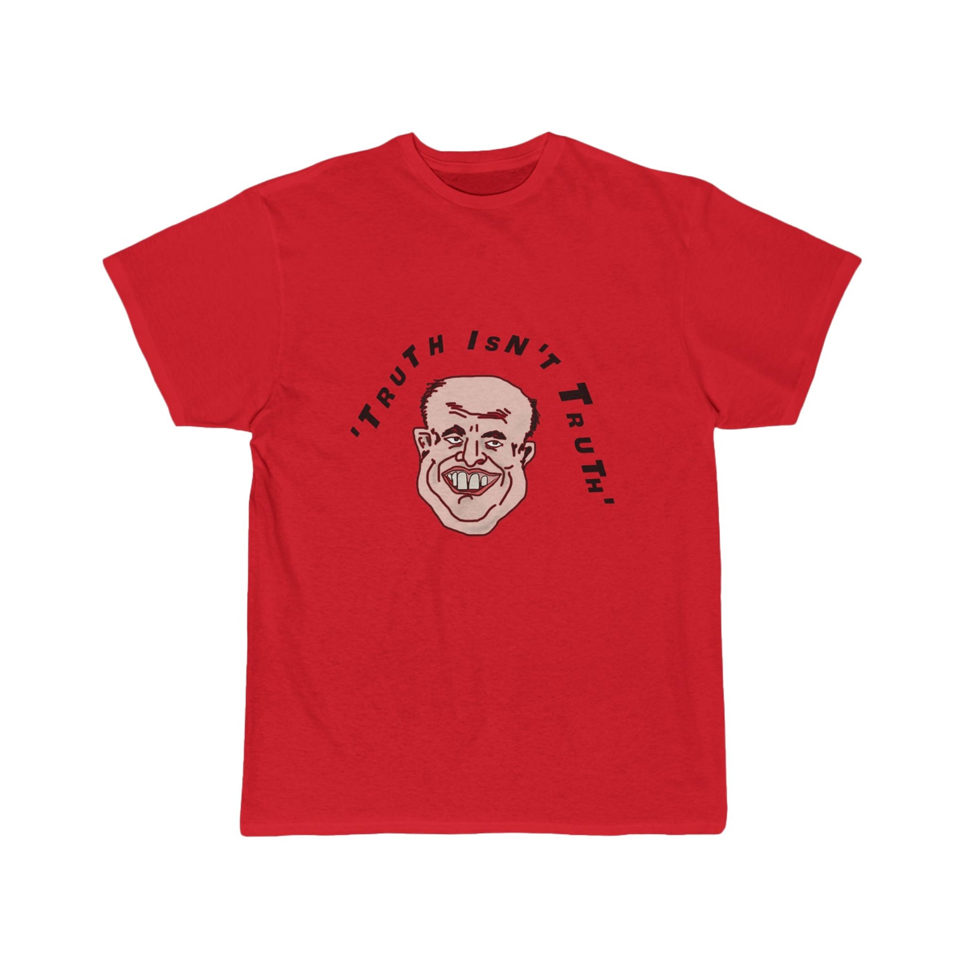Red t-shirt with graphic design and text on a white background