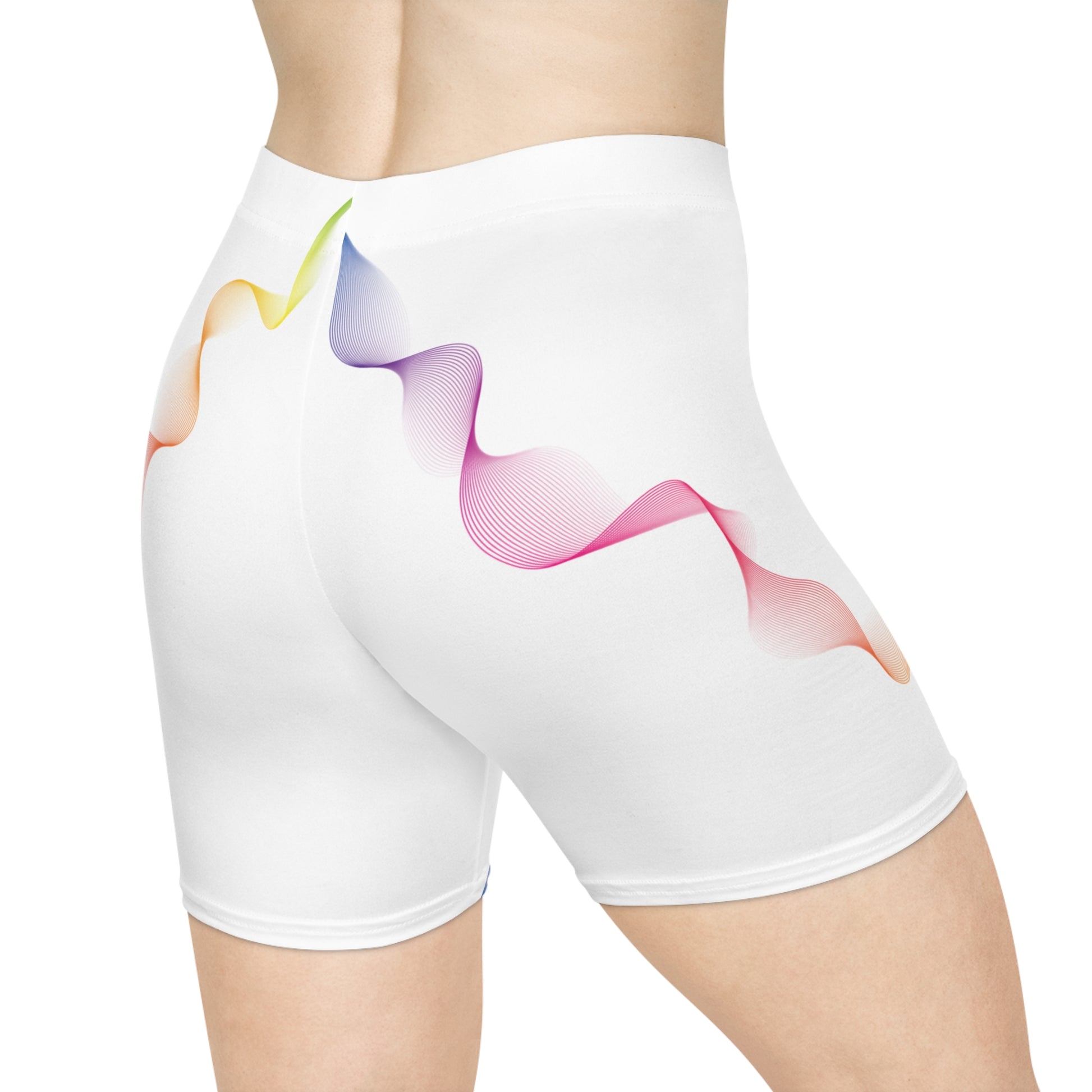 Woman wearing white 417 Hz yoga shorts with colorful wave artwork, back lifestyle view