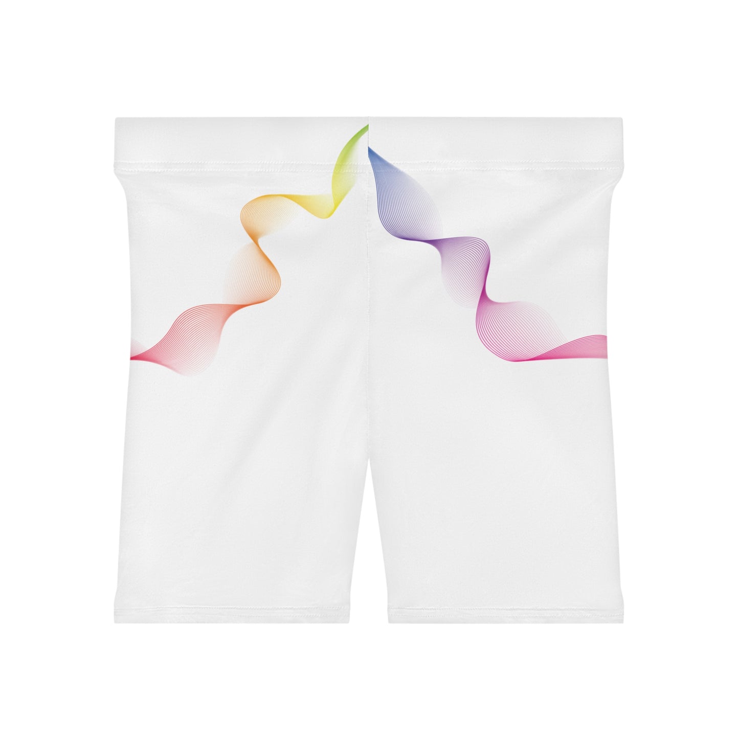 Back view of white 417 Hz yoga shorts with colorful flowing wave design
