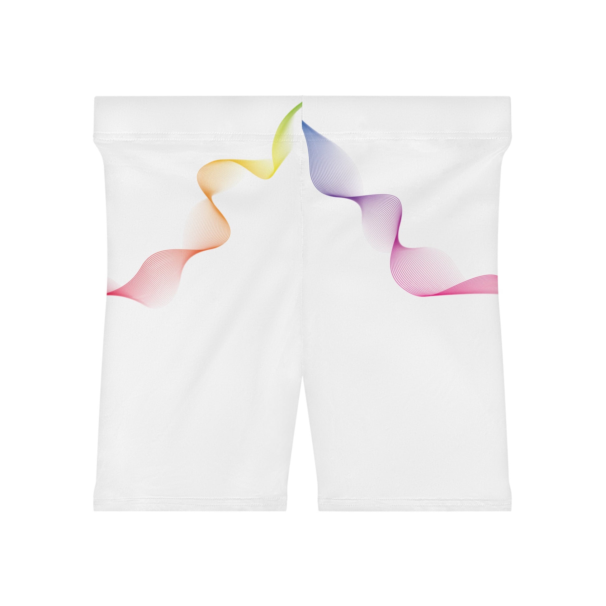 Back view of white 417 Hz yoga shorts with colorful flowing wave design