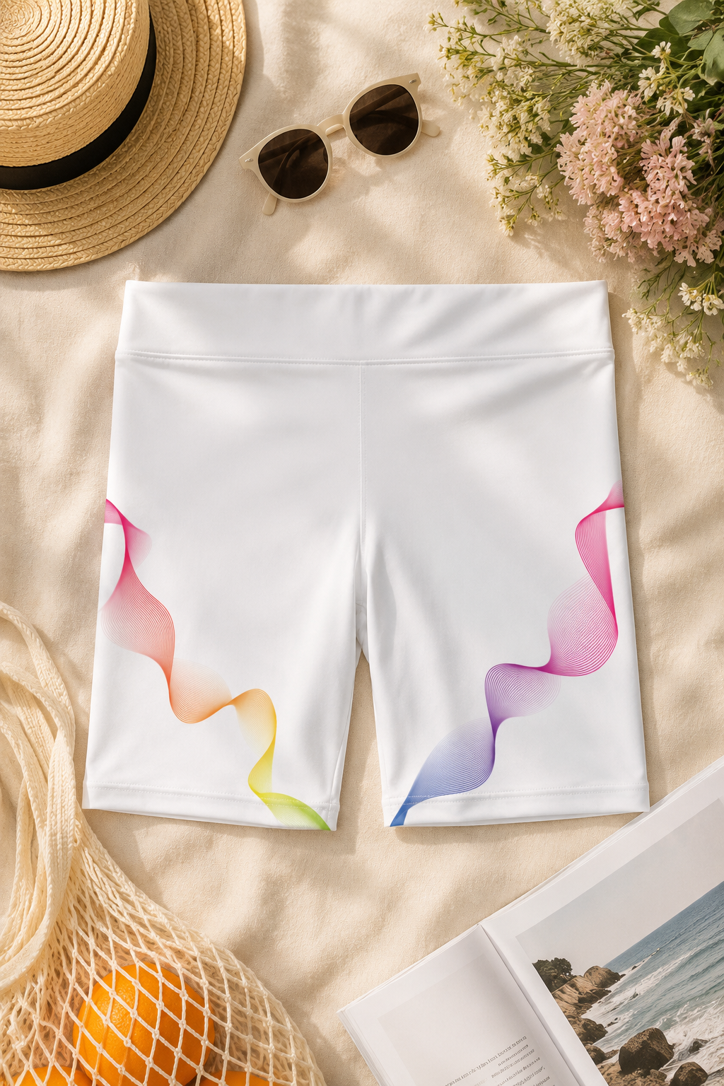 417 Hz yoga shorts flat lay product photography with soft neutral styling and colorful wave design