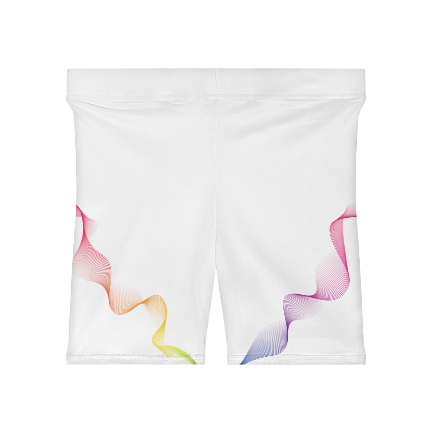 Front view of white 417 Hz yoga shorts featuring colorful abstract wave artwork