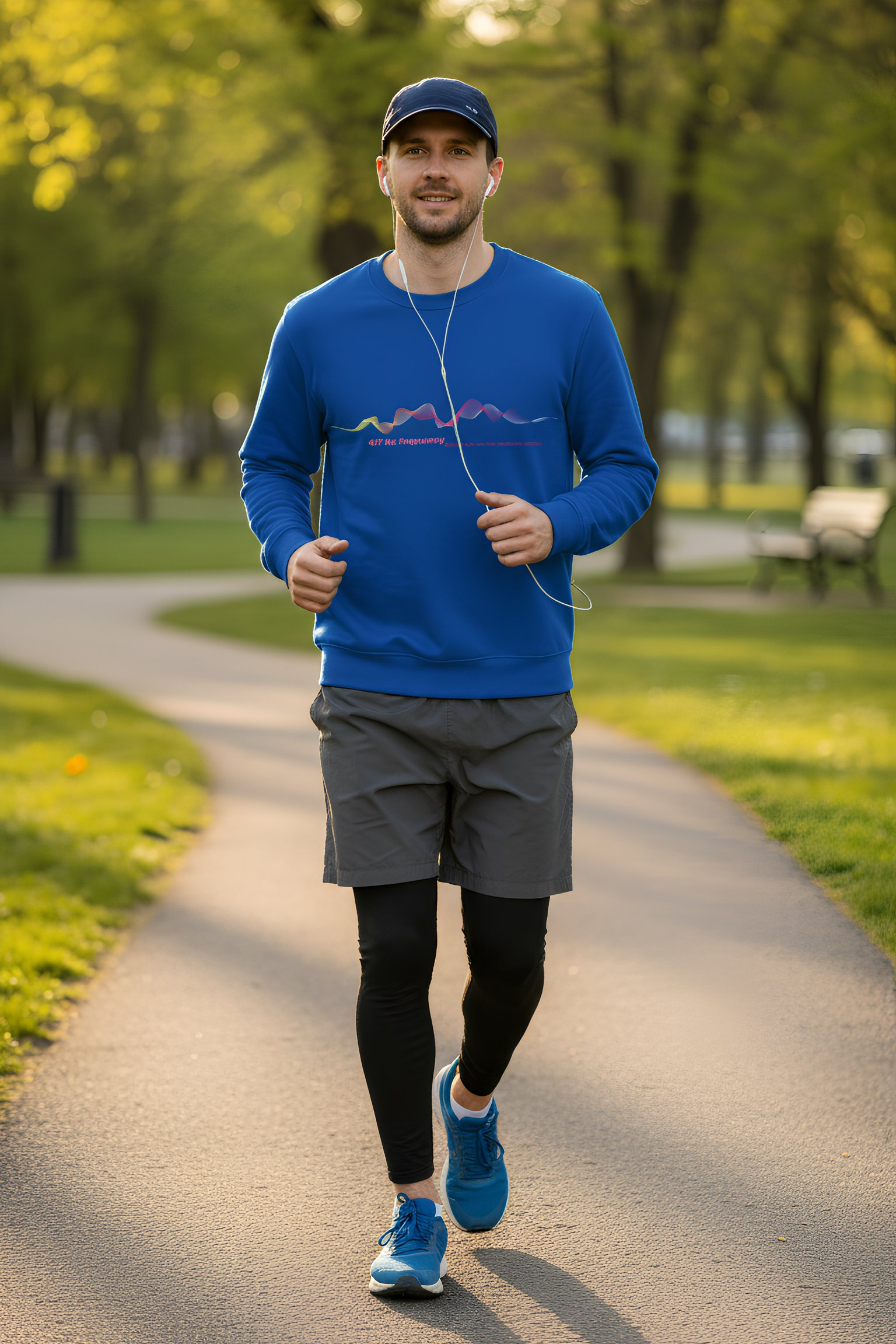 Male model running on park path wearing blue frequency sweatshirt
