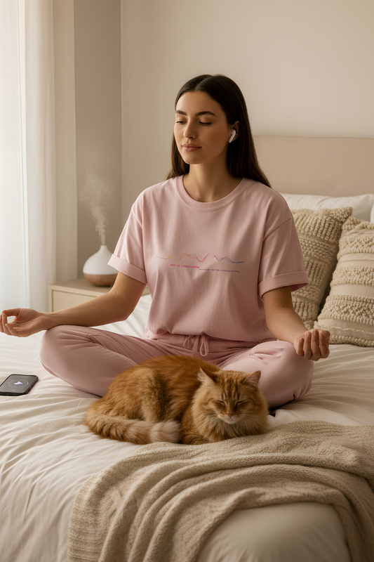 417 Hz Frequency T-Shirt Pink worn by woman meditating on a bed with a cat