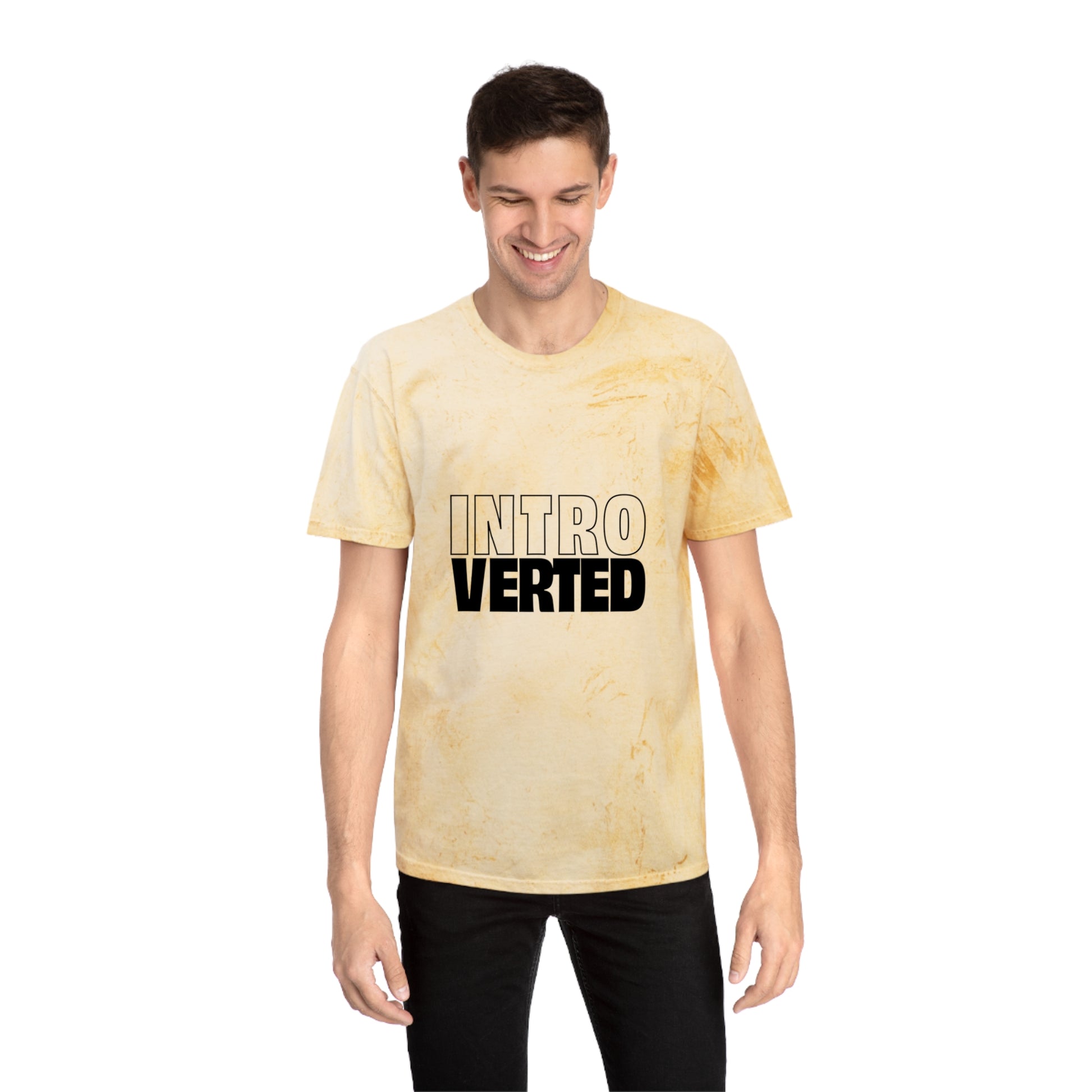 Man wearing yellow tie-dye Introverted Color Blast T-Shirt