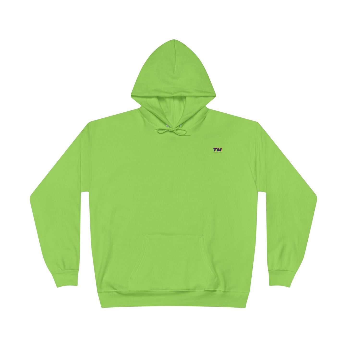 Flat lay of lime green EcoSmart hoodie with small embroidered TM logo on chest.