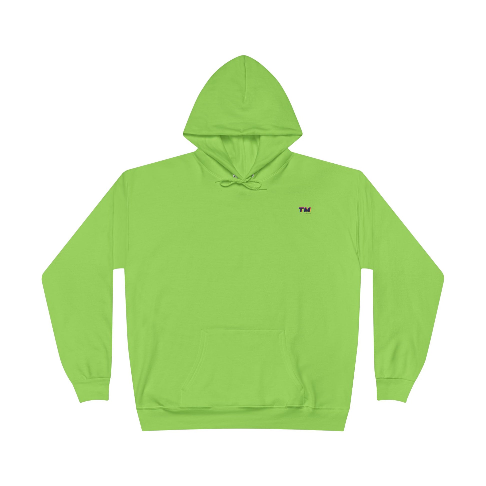 Flat lay of lime green EcoSmart hoodie with small embroidered TM logo on chest.
