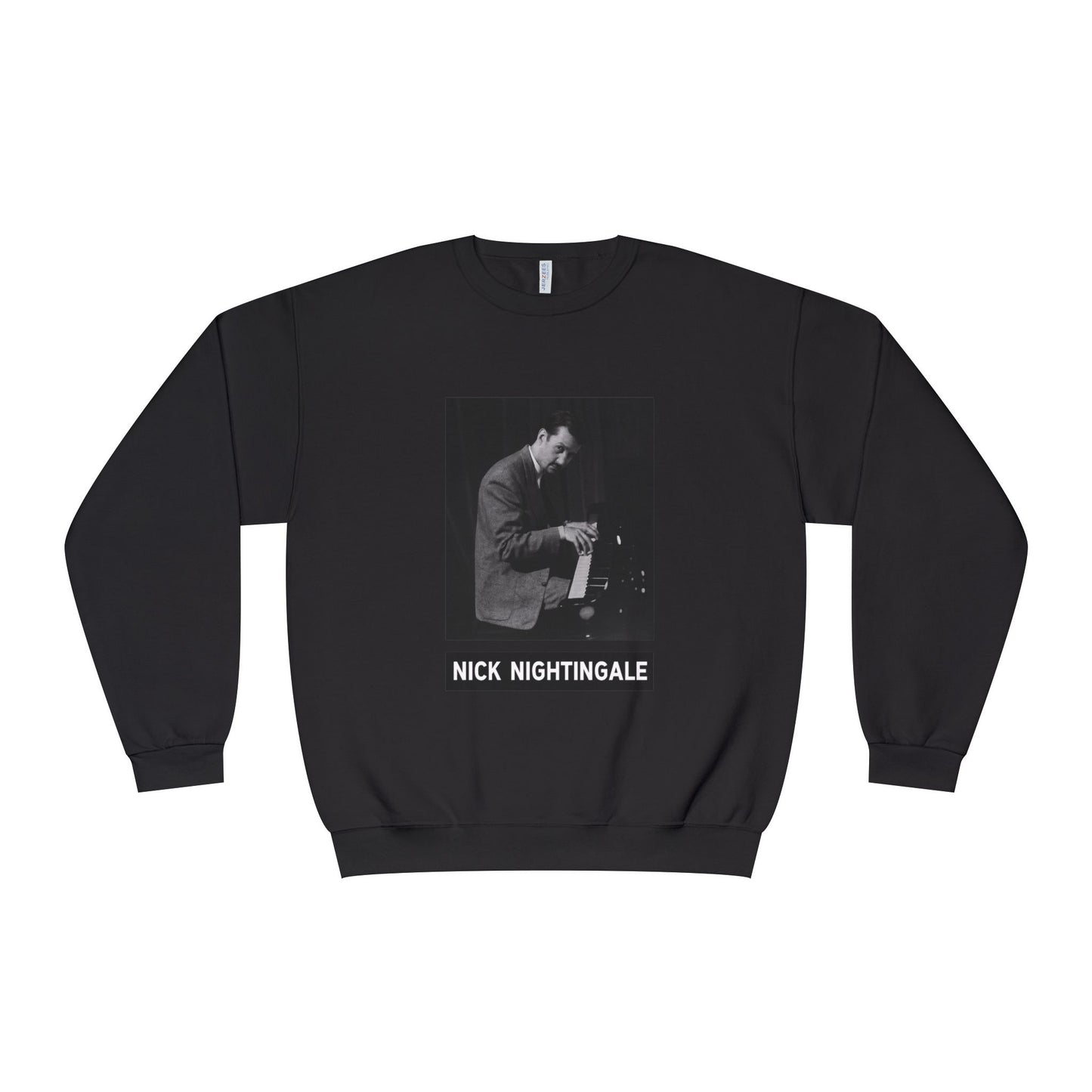 Black sweatshirt with a graphic of a person and 'Nick Nightingale' text on a white background