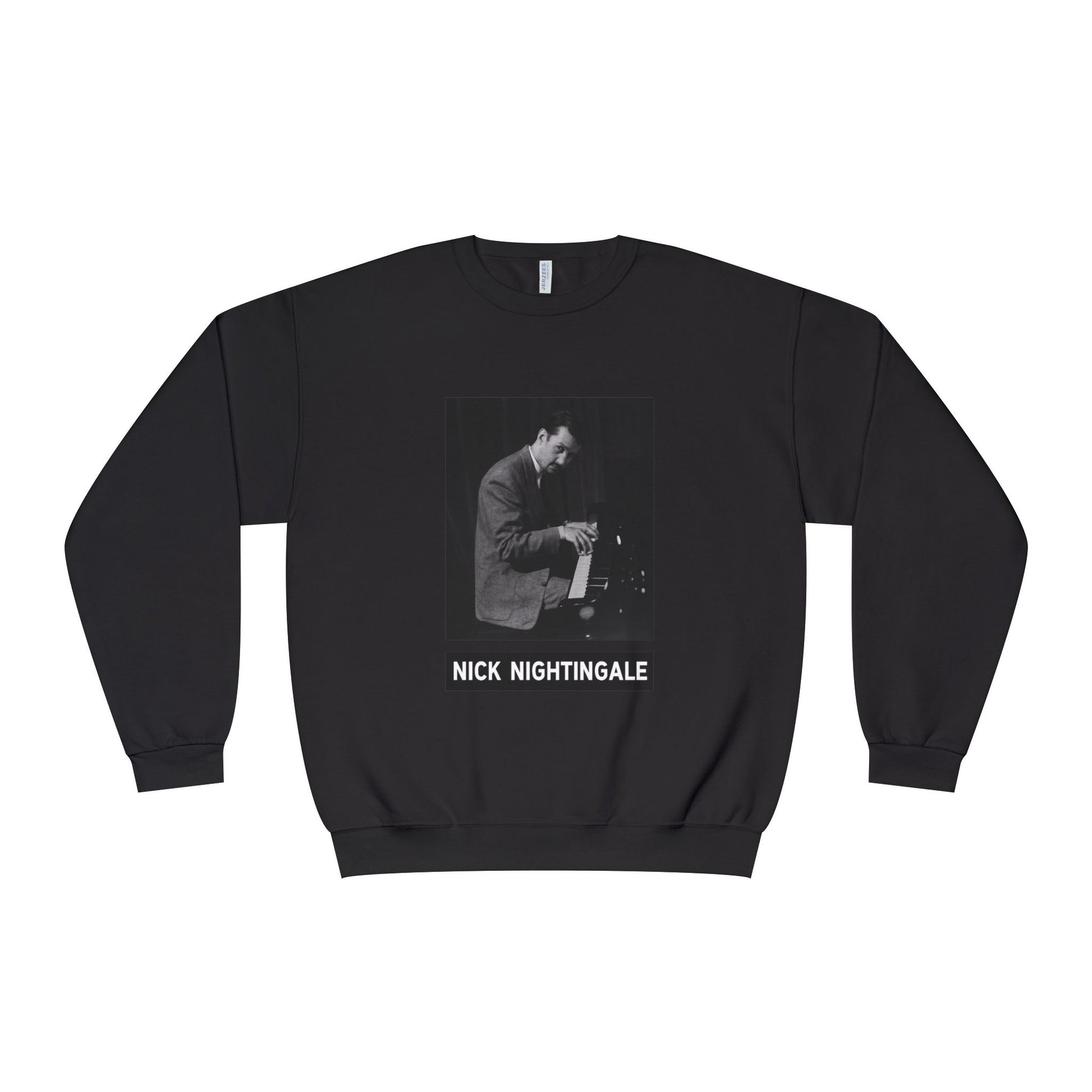 Black sweatshirt with a graphic of a person and 'Nick Nightingale' text on a white background