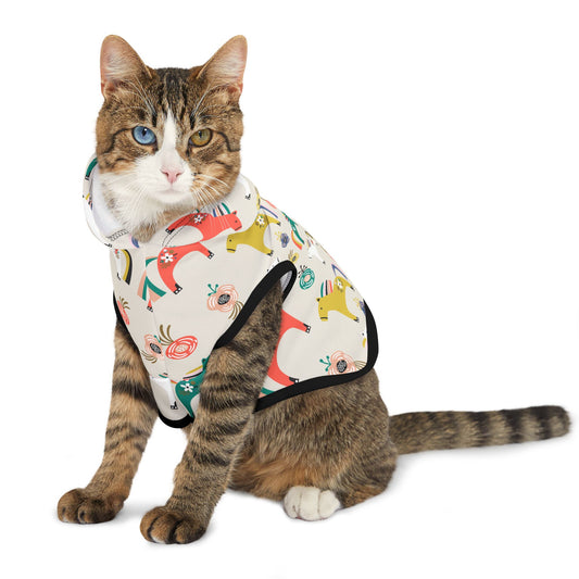 Cat sitting and wearing Horses Pet Hoodie with colorful horse pattern