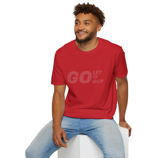 Man wearing red Oasis Go Let It Out stencil t-shirt, seated and smiling.