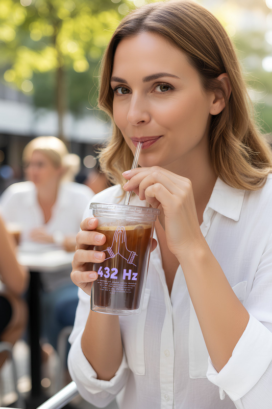 Woman drinking from a clear 432 Hz acrylic tumbler with reusable straw outdoors