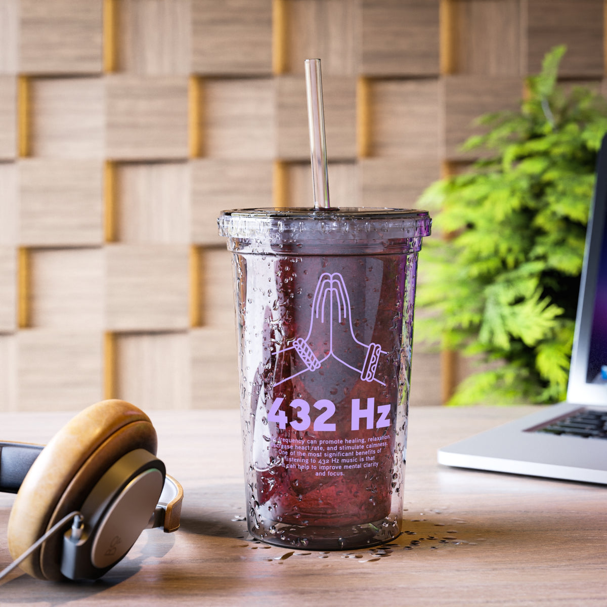 432 Hz insulated acrylic tumbler with straw beside laptop and headphones on a desk