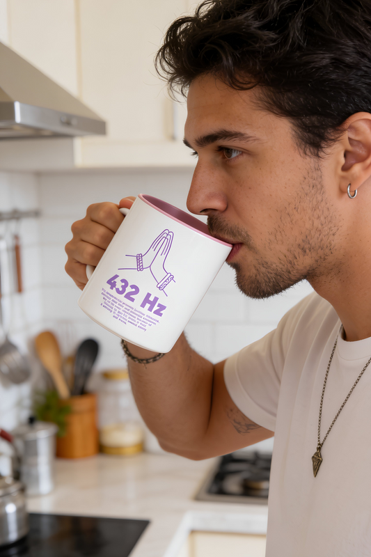 Man drinking coffee from white 432 Hz frequency mug with pink interior