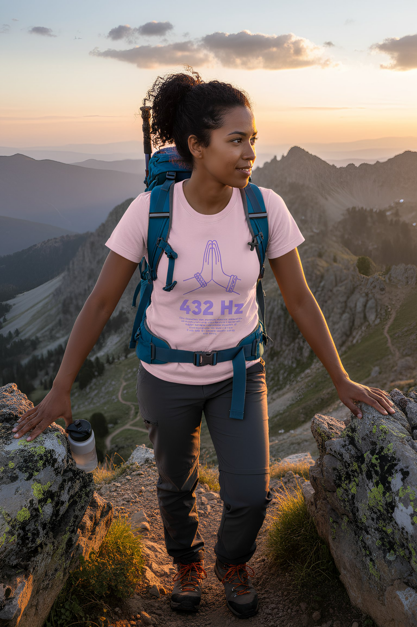 woman wearing pink 432 hz t shirt hiking mountain meditation zen outfit