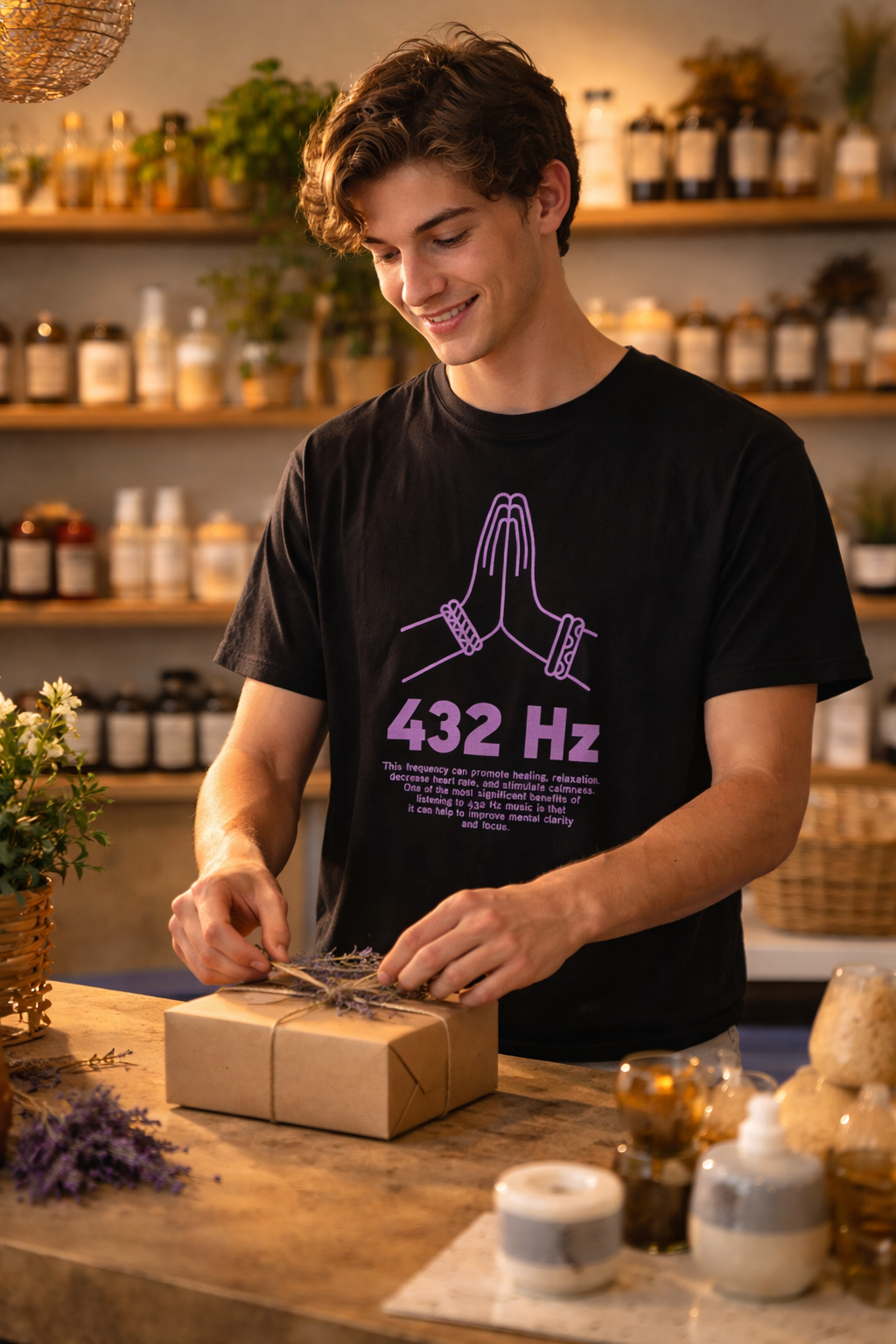 man wearing black 432 hz t shirt at home mindful lifestyle outfit