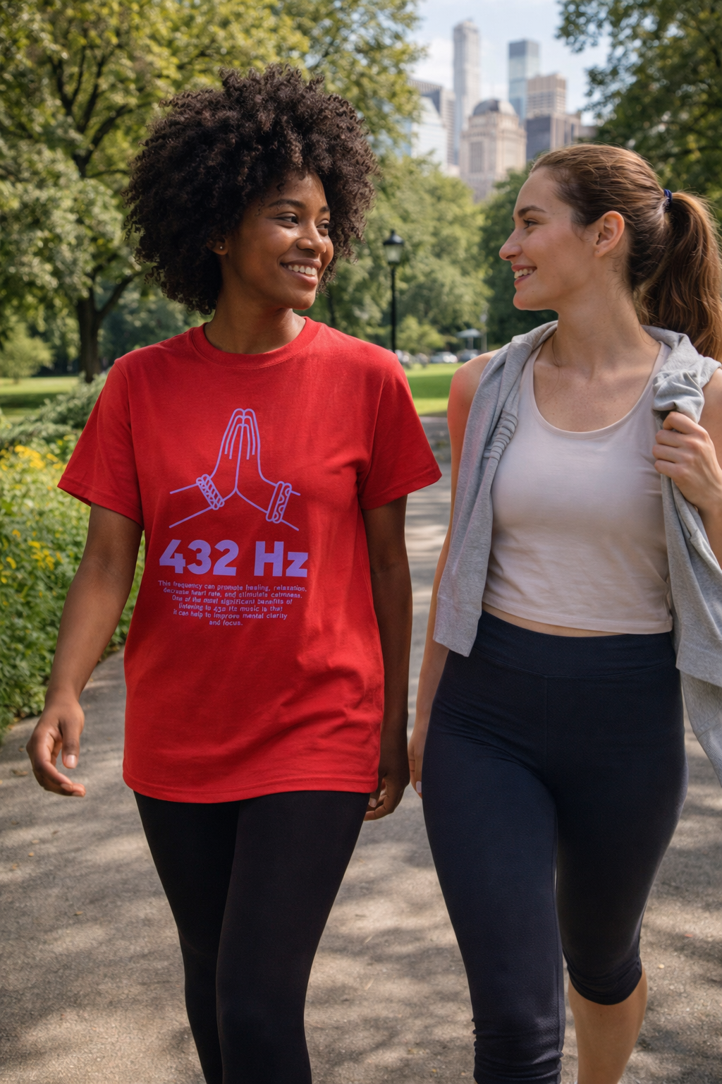 women wearing red 432 hz t shirts walking outdoor wellness outfit