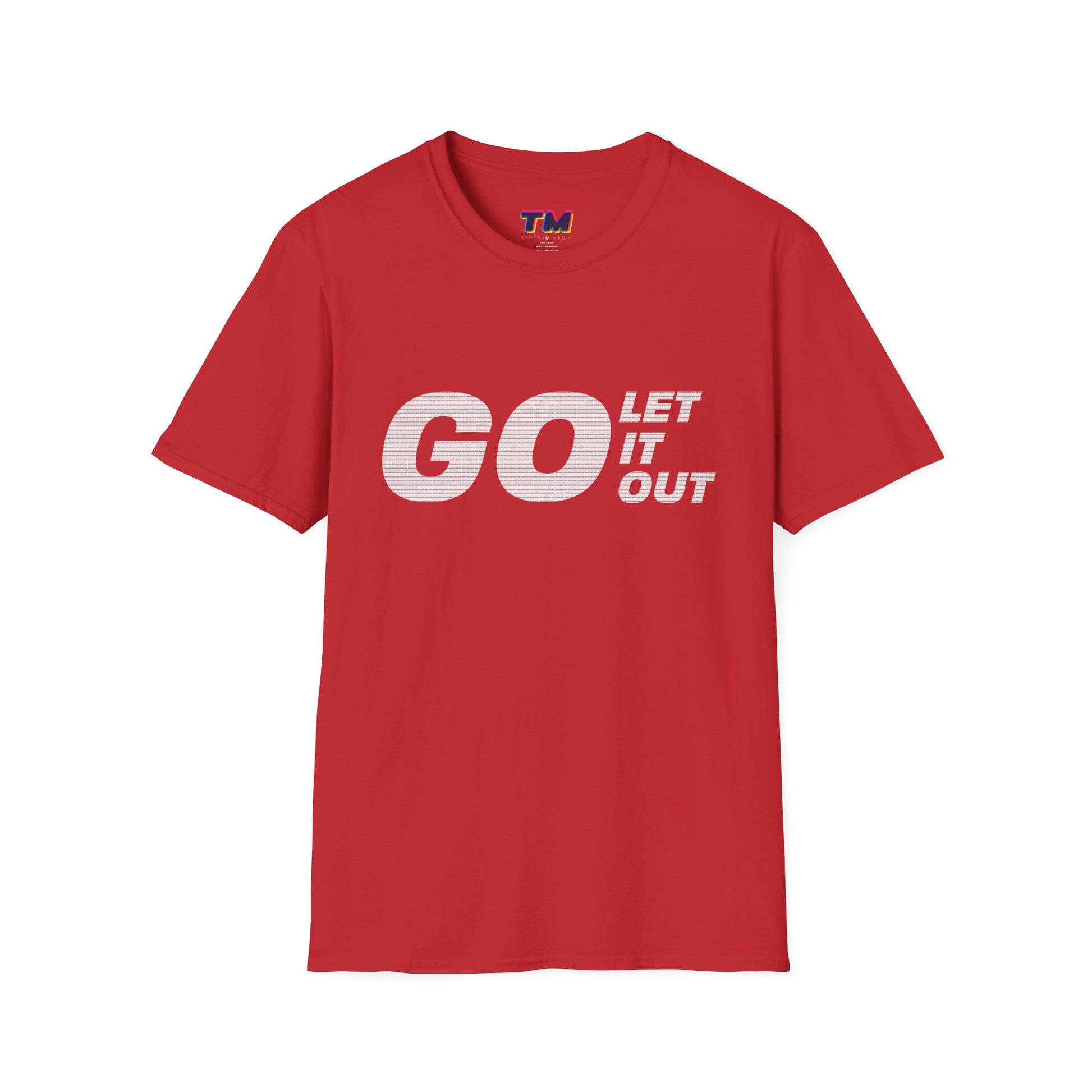 Red Oasis Go Let It Out T-shirt on flat lay display