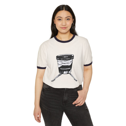 Woman wearing cream ringer t-shirt with black trim and ice cream bucket graphic