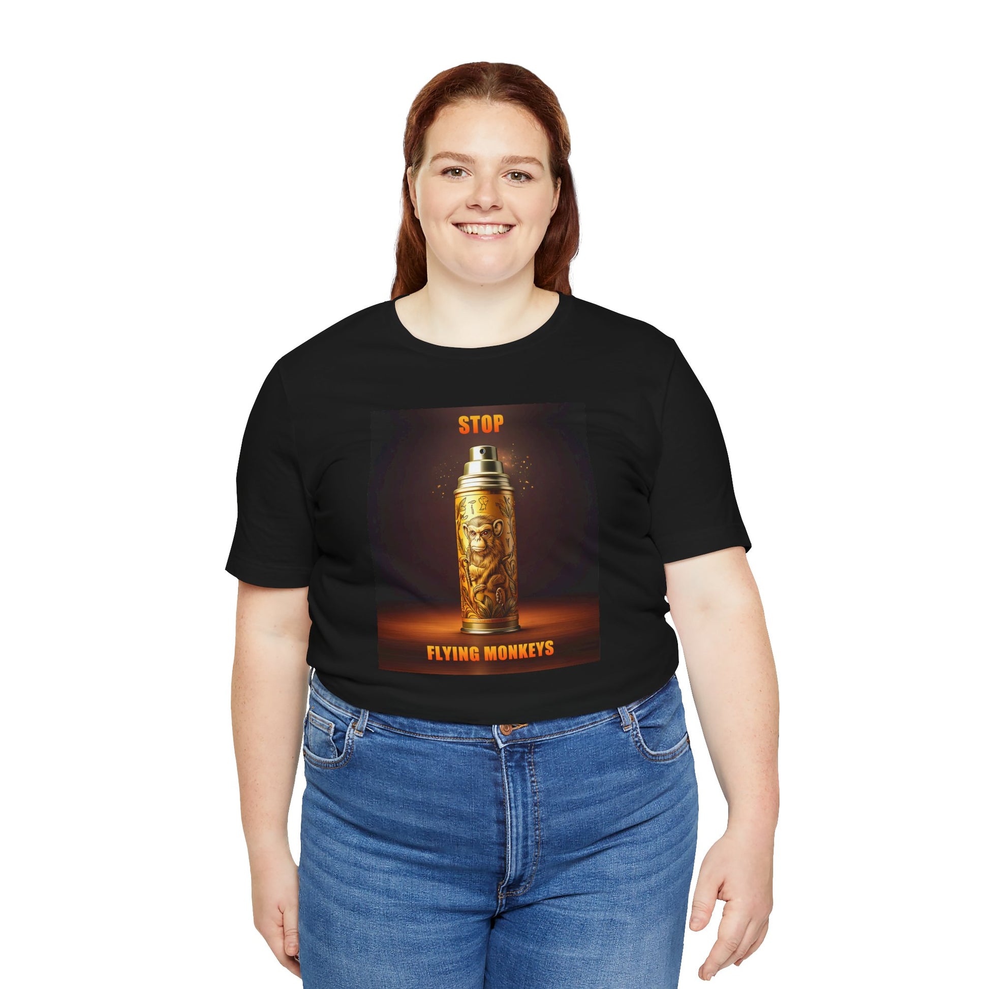 Woman in black Stop Flying Monkeys T-Shirt standing straight