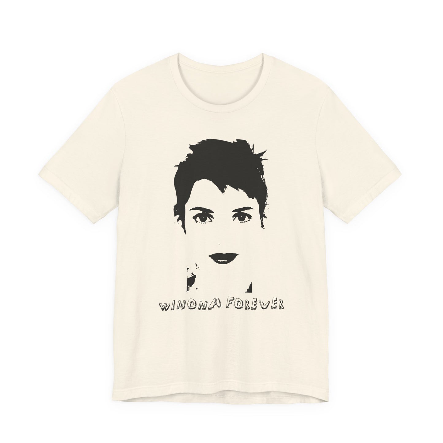 Beige t-shirt with a black graphic and 'WINONA FOREVER' text on a white background