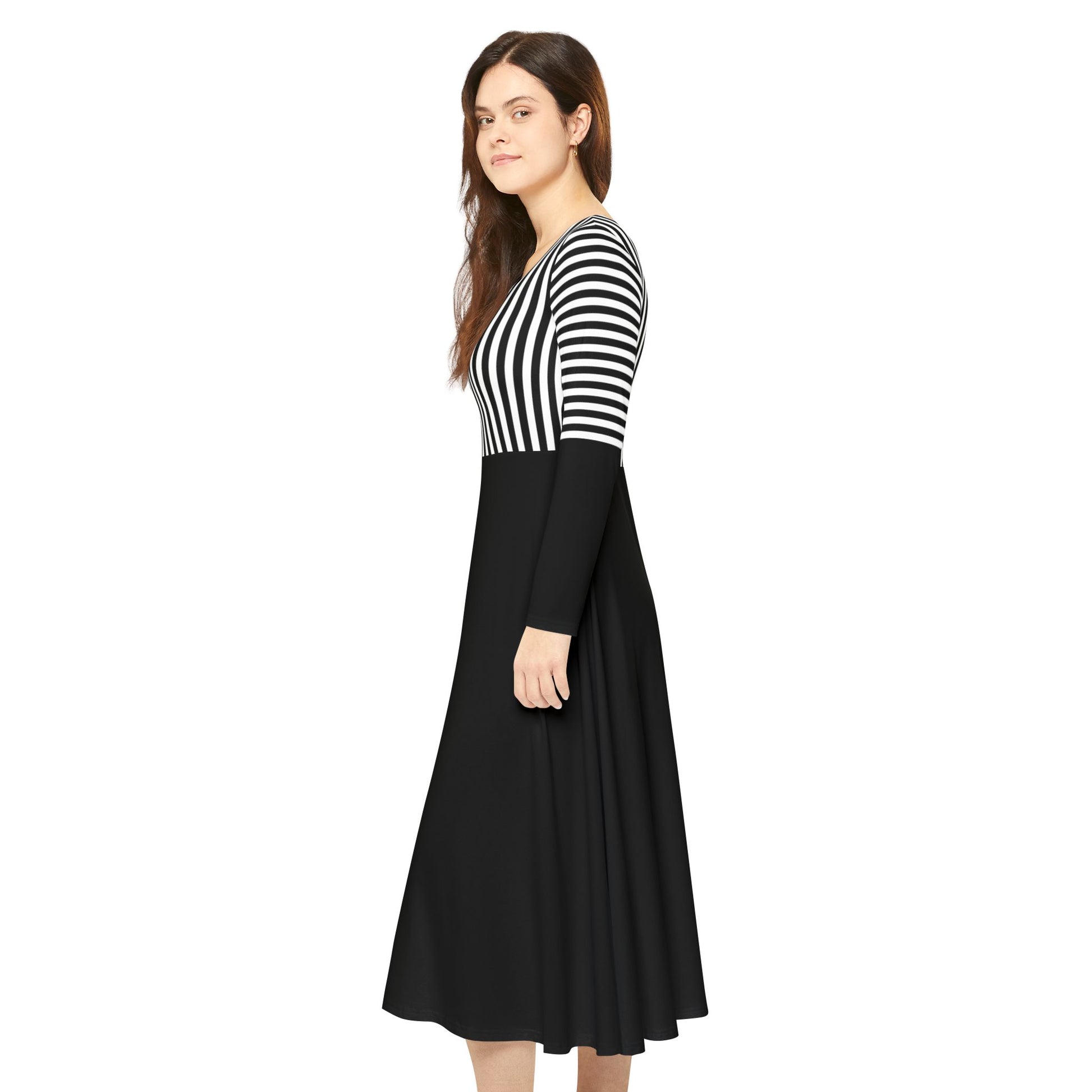 Side view of model wearing Nun Inspired Black and White Midi Dress
