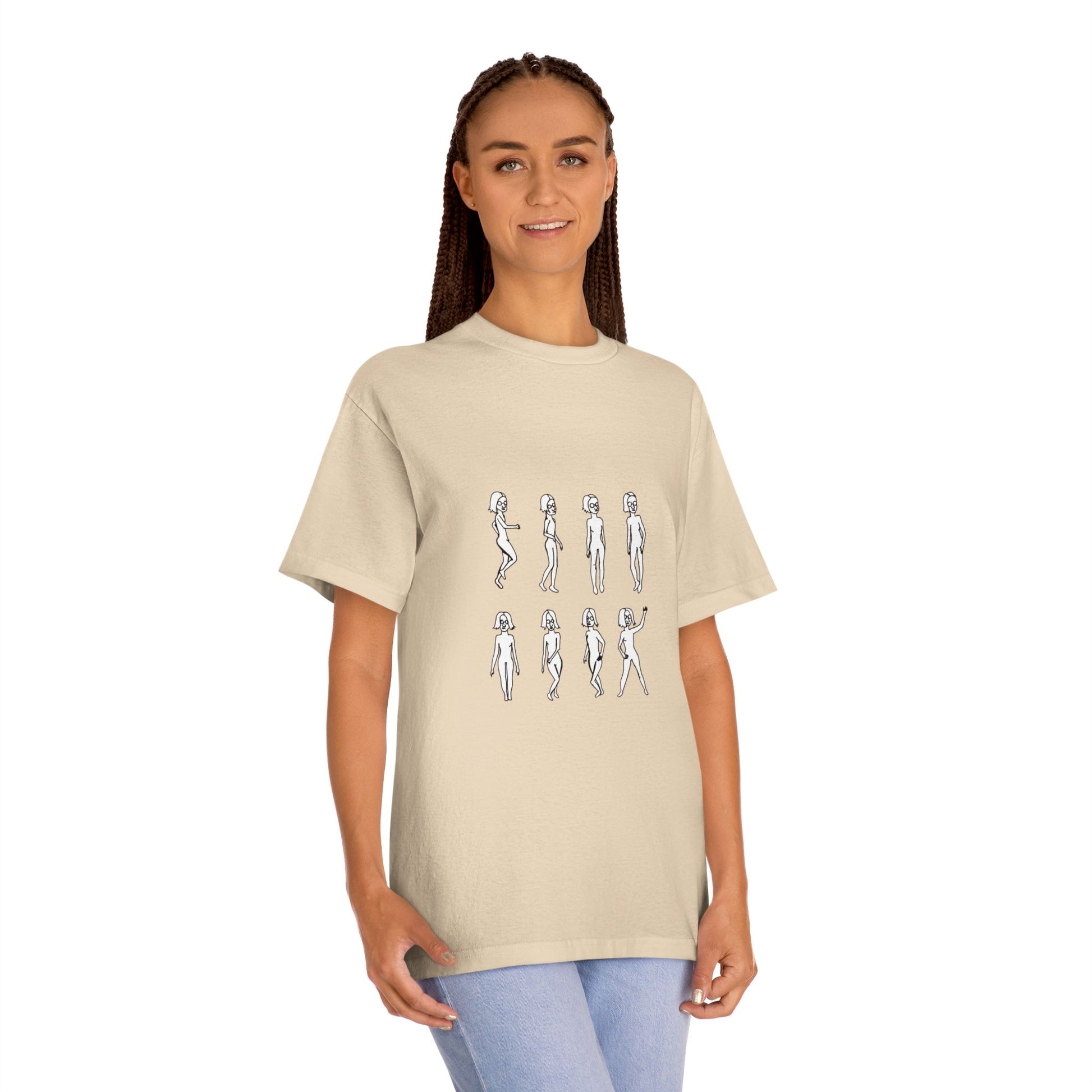 Woman wearing cream Running Out Unisex T-Shirt with front design