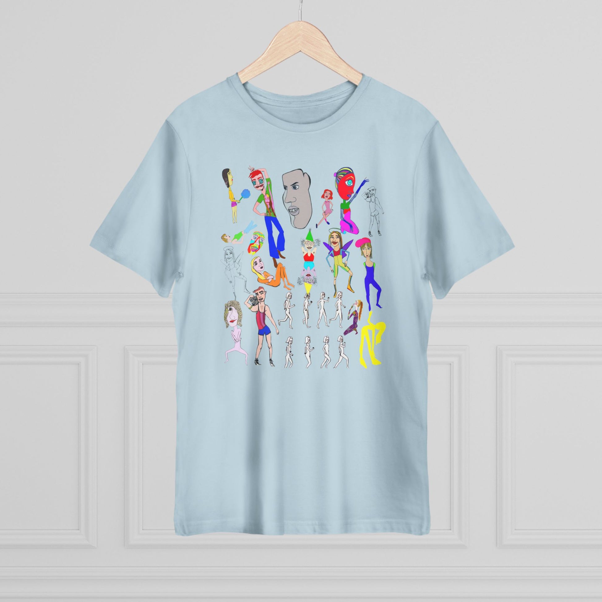 Light blue Mix Unisex Deluxe T-Shirt on hanger with exclusive hand drawn character design.