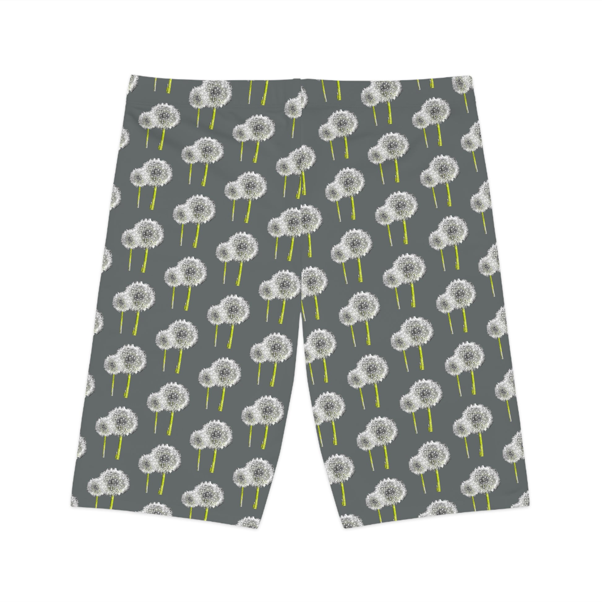 Flat lay back of Dandelion Women’s Bike Shorts with gray base and white dandelion print