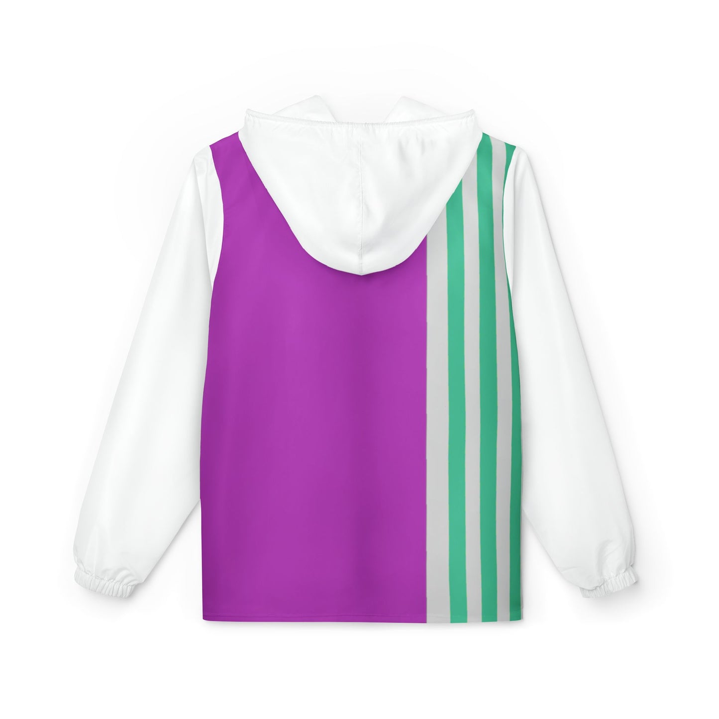 Back view of Retro Pink & Green Windbreaker Jacket with solid pink and vertical green stripes.