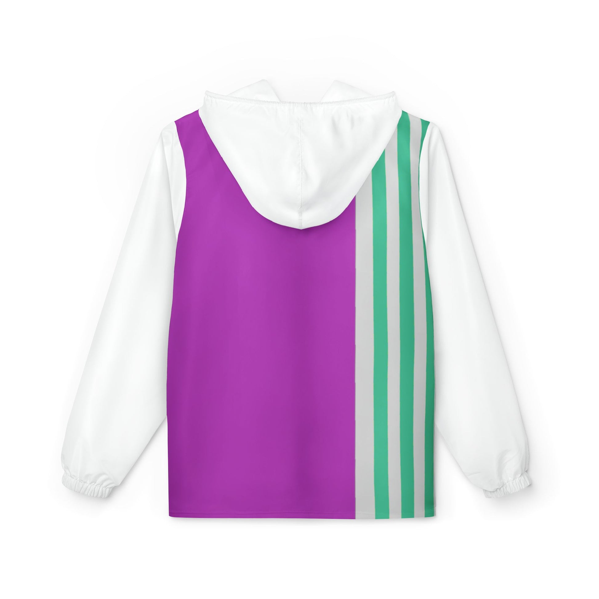 Back view of Retro Pink & Green Windbreaker Jacket with solid pink and vertical green stripes.