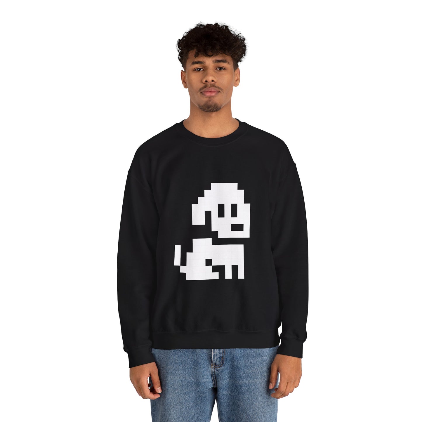 Person wearing a black sweatshirt with a white graphic design on a white background