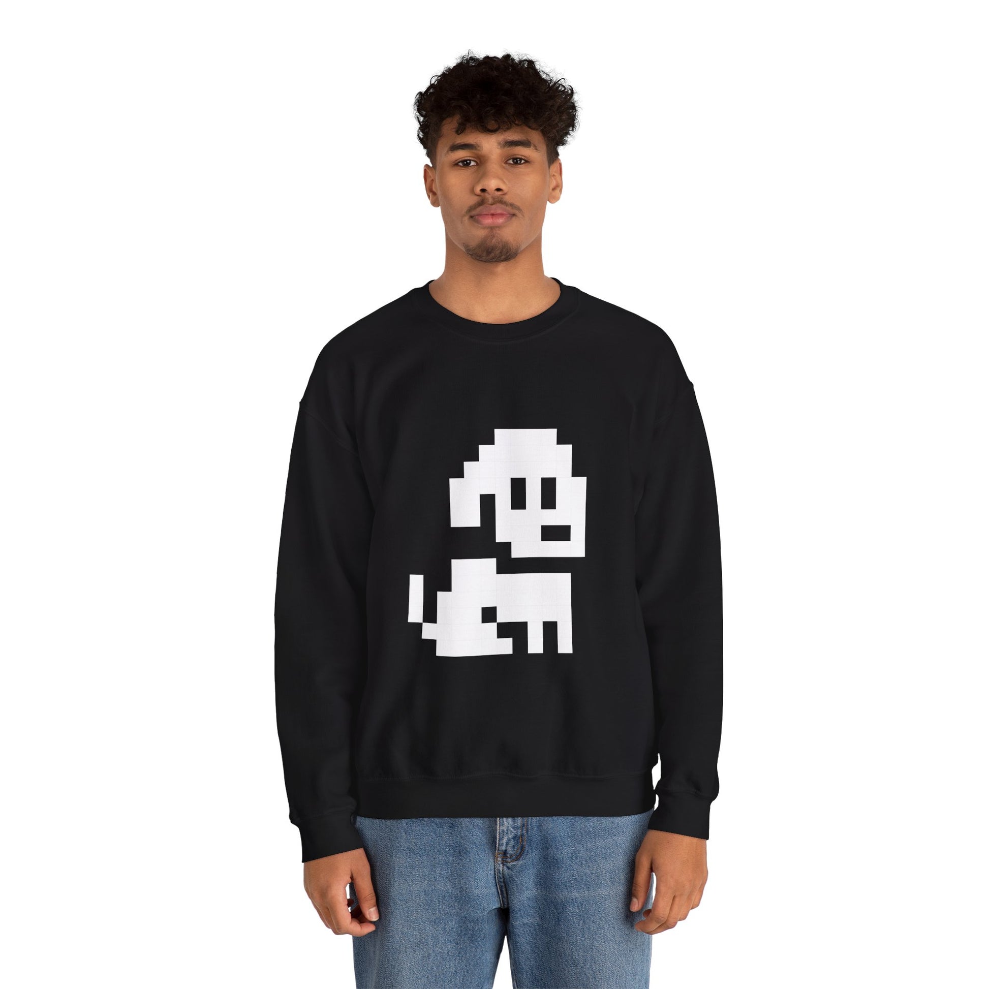 Person wearing a black sweatshirt with a white graphic design on a white background