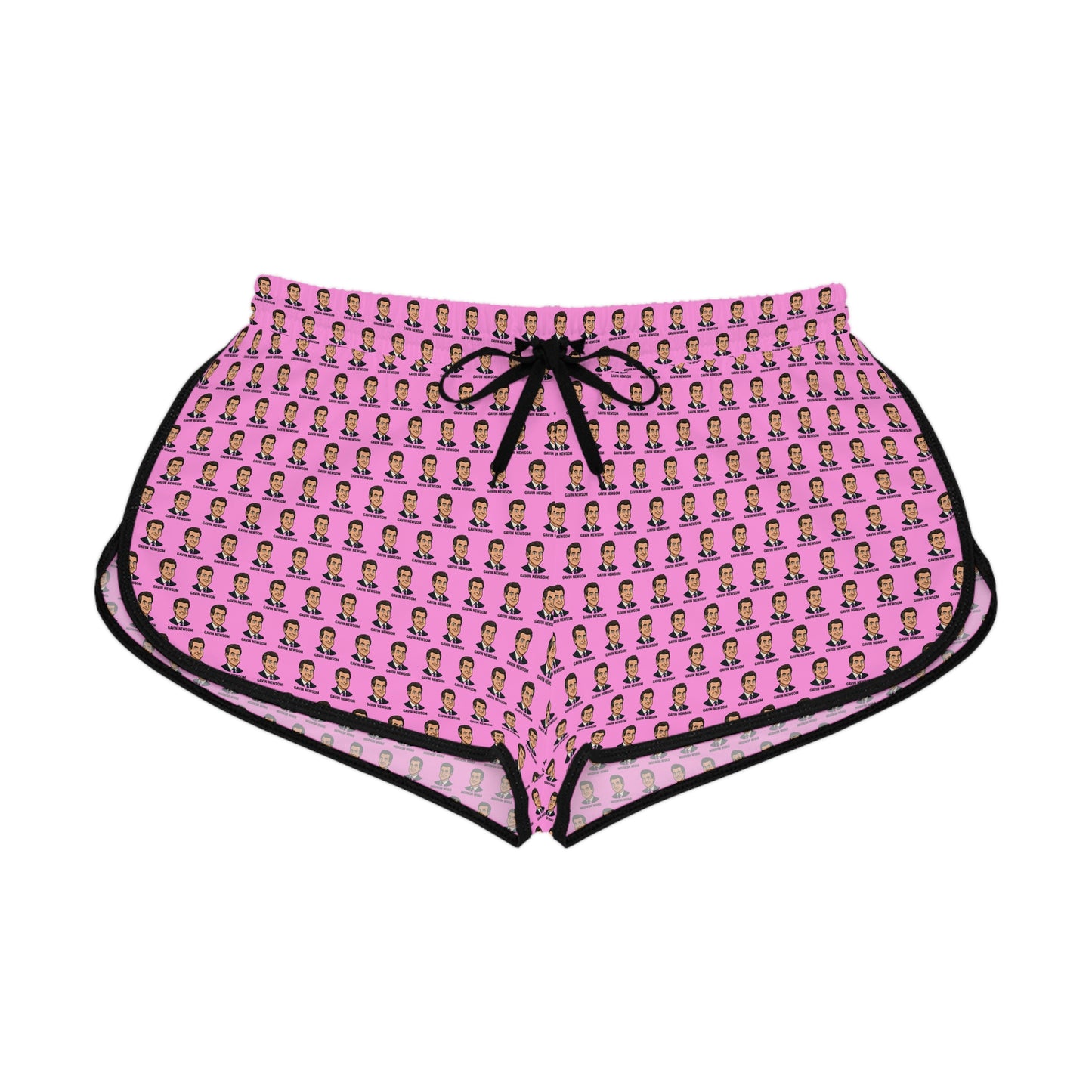 Pink Gavin Newsom pop art lounge shorts front view with black trim and drawstring