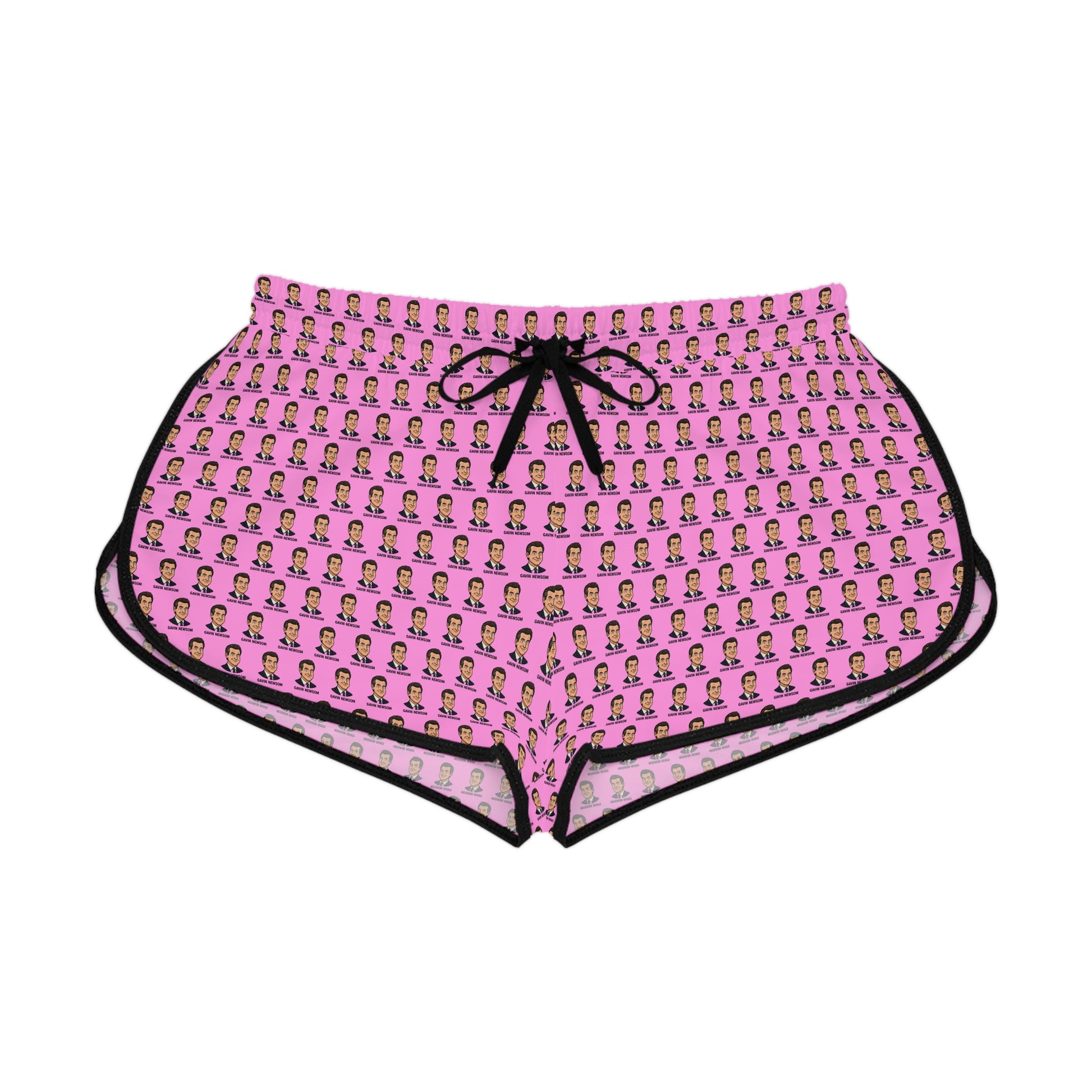 Pink Gavin Newsom pop art lounge shorts front view with black trim and drawstring