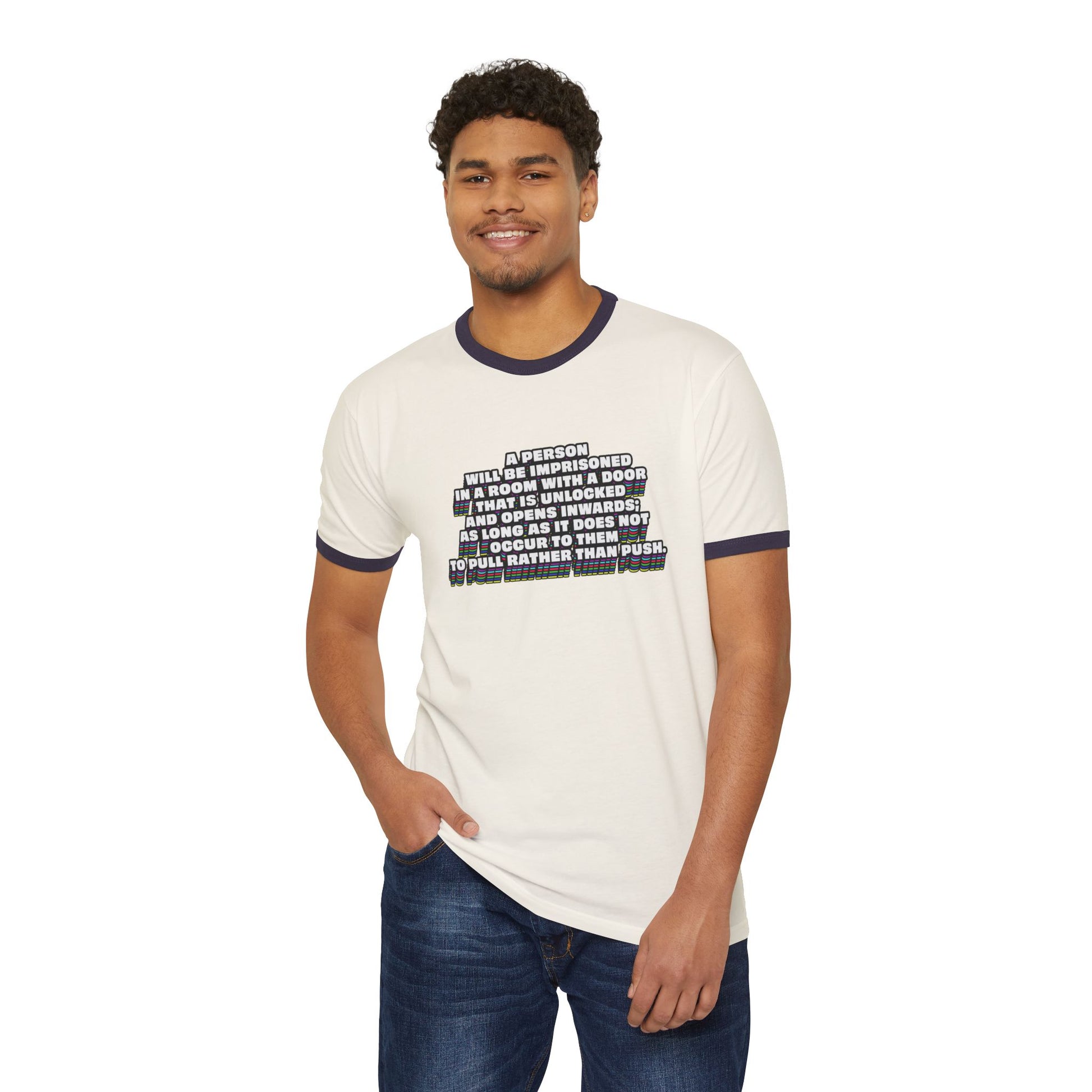 Man modeling white Clever Quote Unisex T-Shirt full body front view