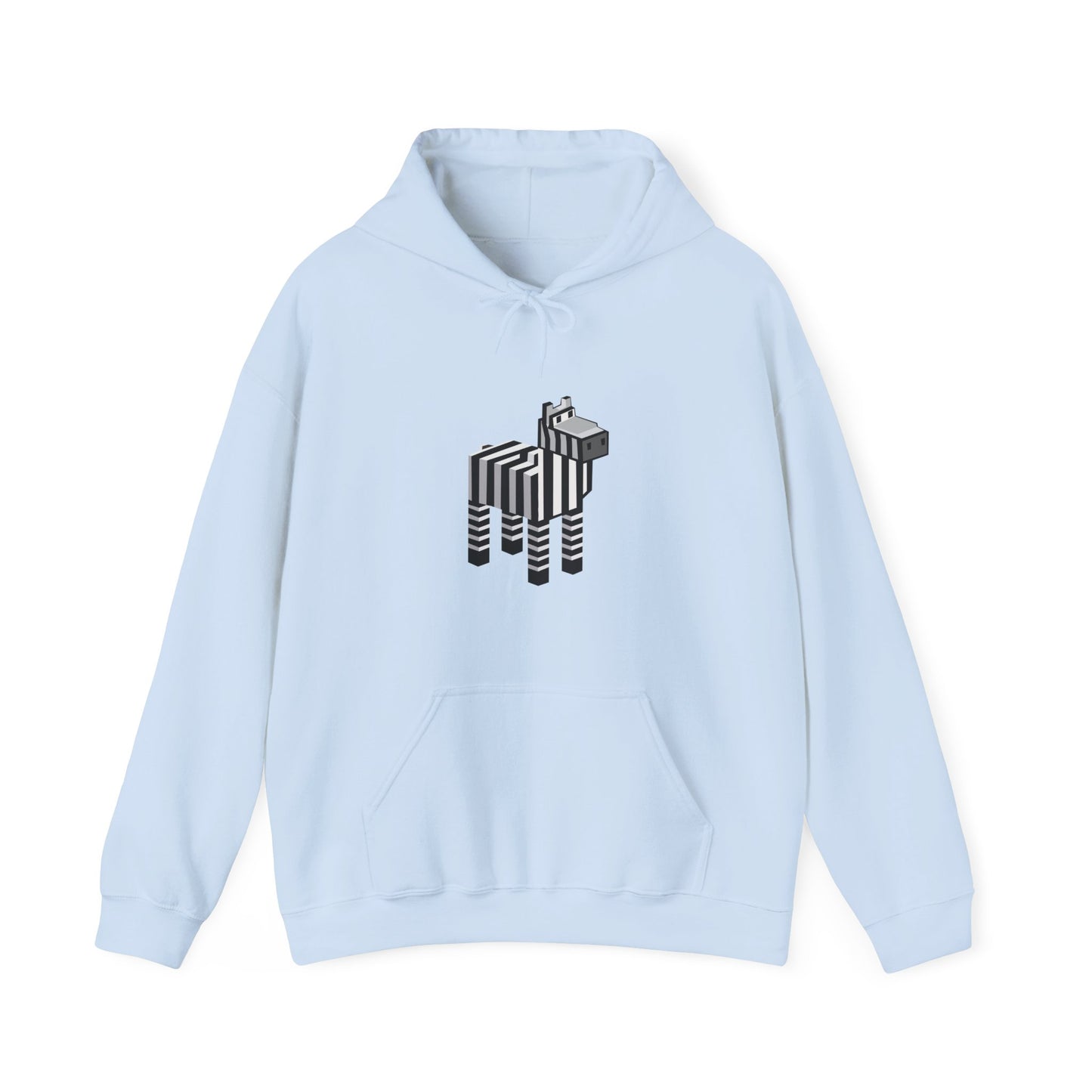 Arcade Zebra Hooded Sweatshirt – Retro Gaming Pixel Hoodie in light blue front view