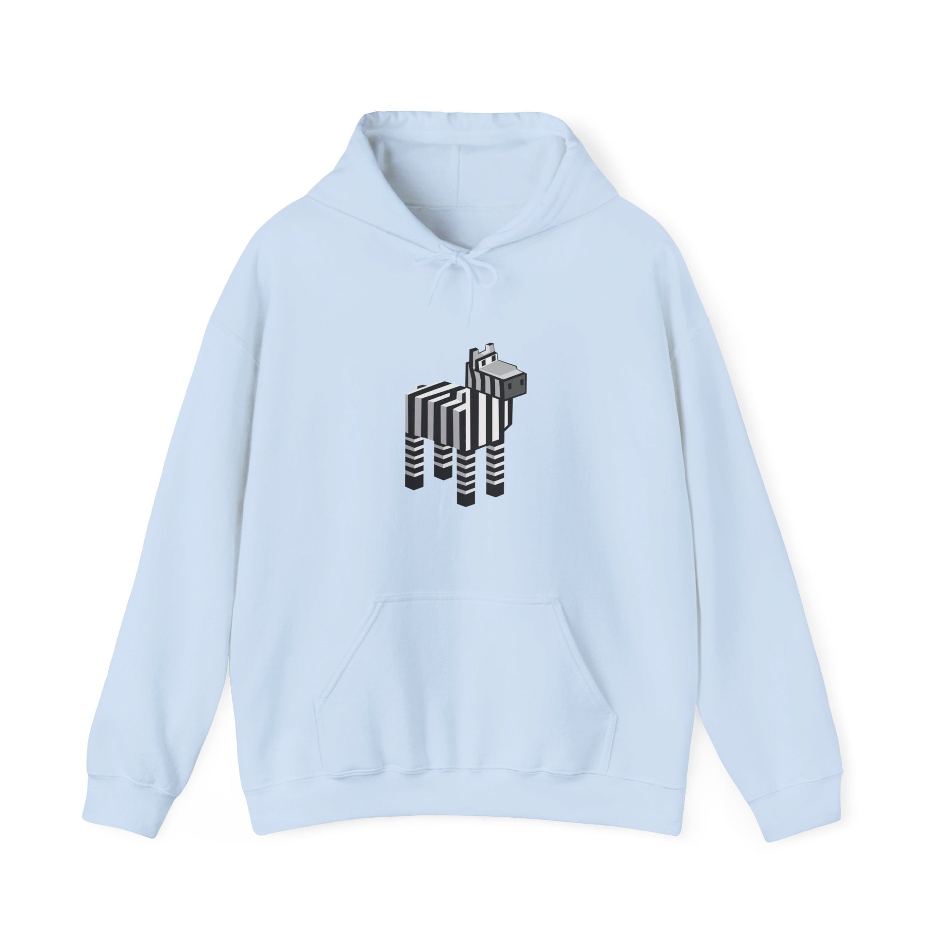 Arcade Zebra Hooded Sweatshirt – Retro Gaming Pixel Hoodie in light blue front view