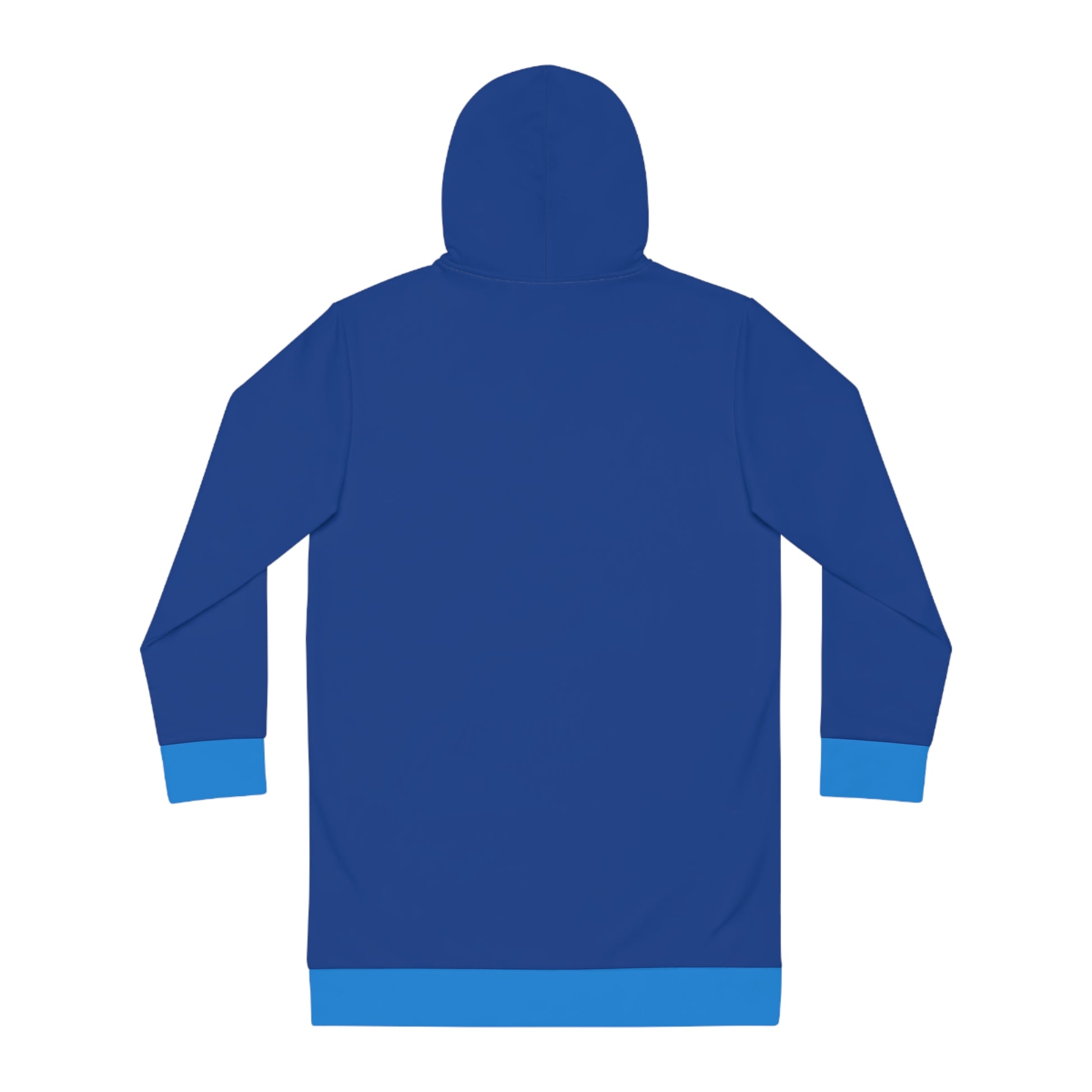 Back view of Blue and Celeste Hoodie Dress with solid dark blue design
