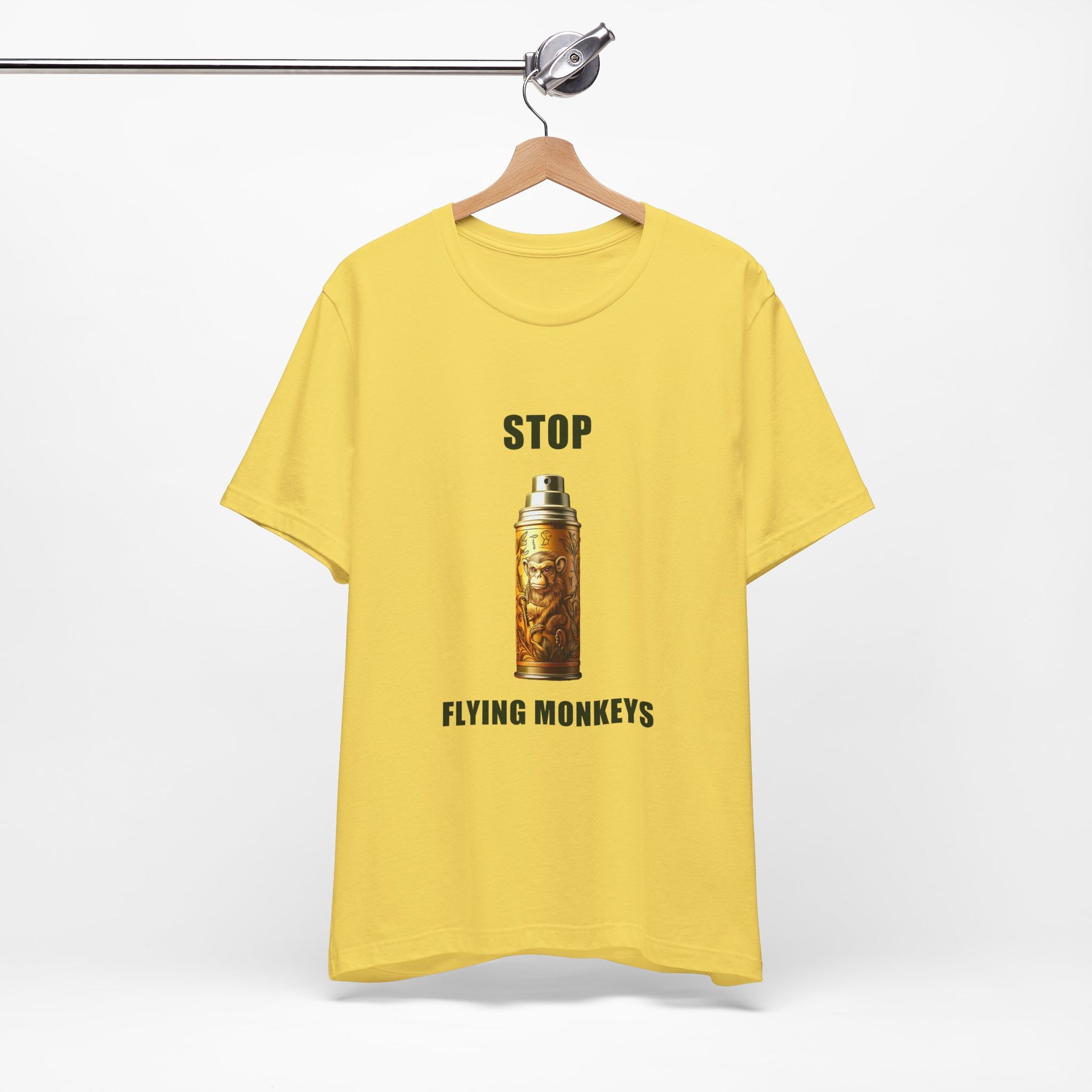 Yellow Stop Flying Monkeys T-Shirt Alternate Version on hanger front view