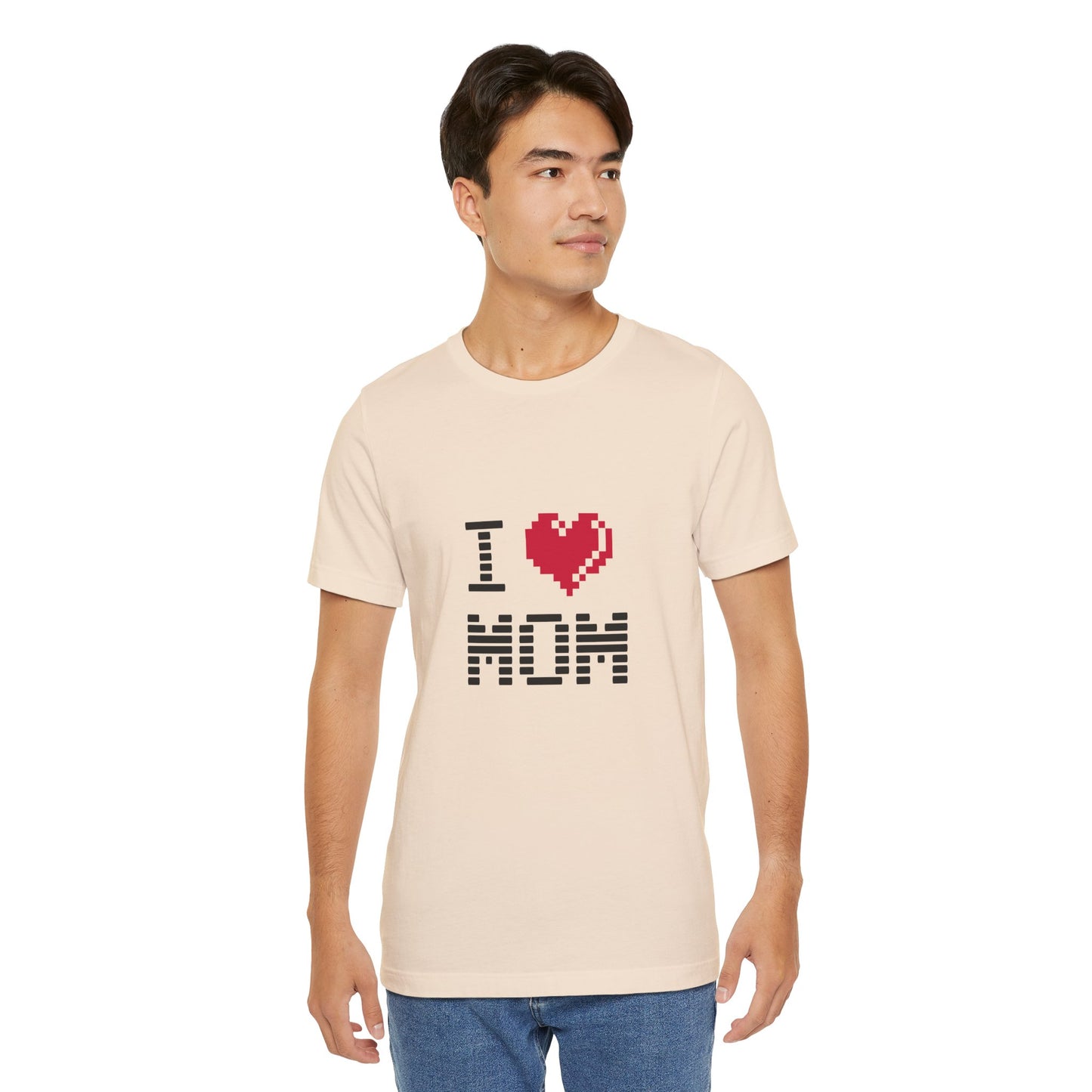 Man wearing beige I Love Mom Pixel Tee with retro design