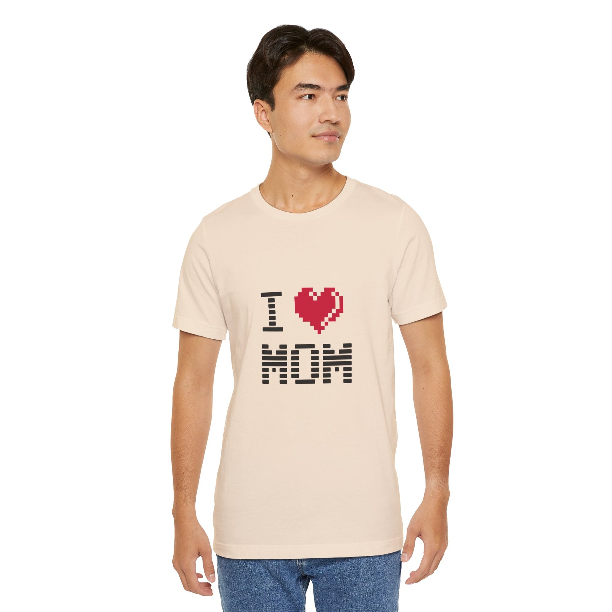 Man wearing beige I Love Mom Pixel Tee with retro design