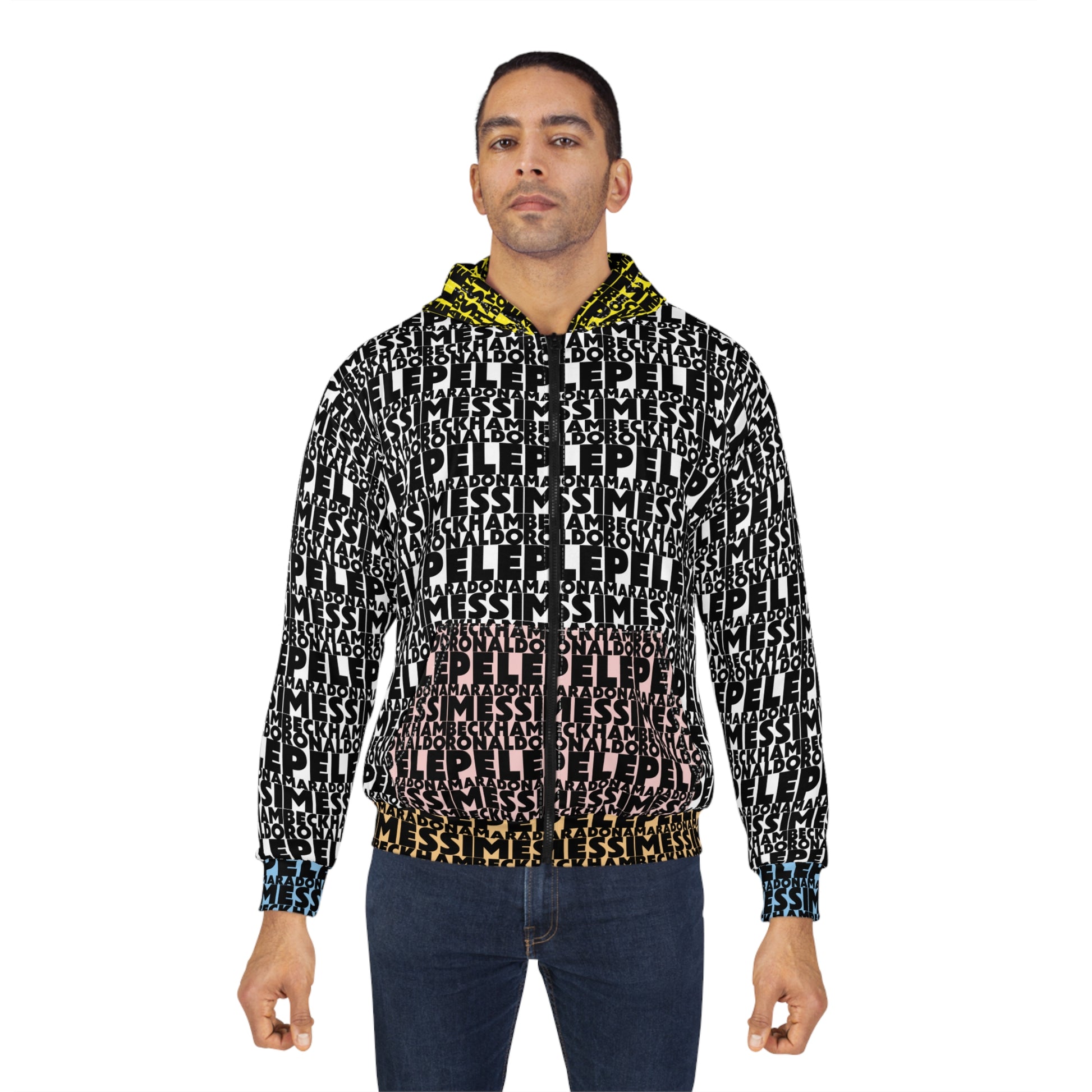 Unisex soccer legends zip hoodie front view worn by model featuring Messi Ronaldo Maradona Beckham Pele design